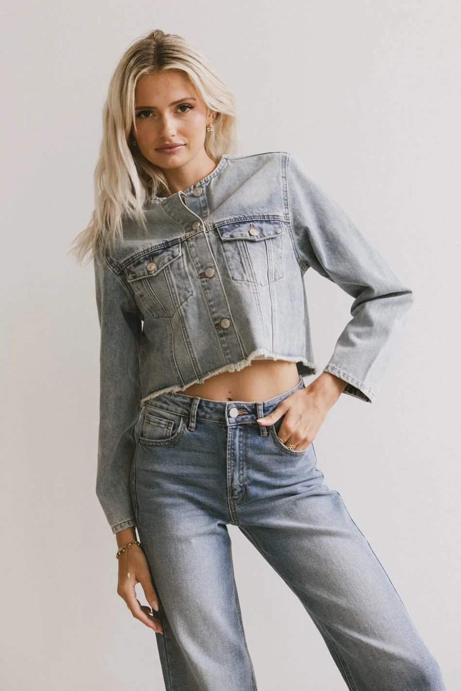 Marlowe Cropped Denim Jacket for Women - Vintage Distressed Light Wash Denim Shirt - Perfect for Spring, Fall & Casual Outfits