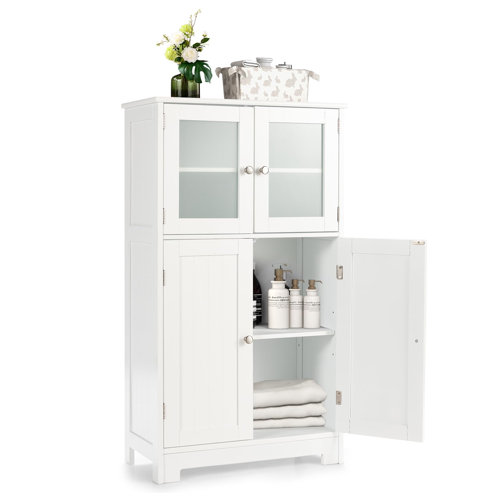 LOKO White Bathroom Floor Cabinet with Glass Doors - Adjustable Shelf Wooden Storage Cabinet for Kitchen, Living Room & Bathroom - Perfect for Organizing Towels, Dishes & Home Decor