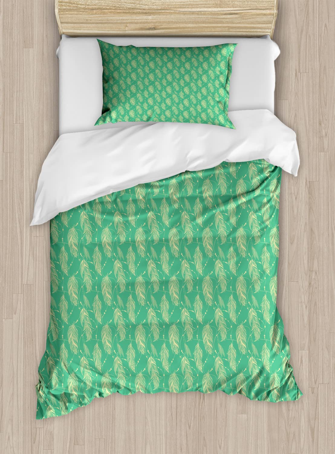 Ambesonne Bohemian Feather Duvet Cover Set - 2 Pack Twin Size with 2 Duvet Covers & 2 Pillowcases, Hand-Painted Bird Feather Design in Sea Green & Cream - Perfect for Bohemian Bedroom Decor, Guest Rooms & Cozy Retreats
