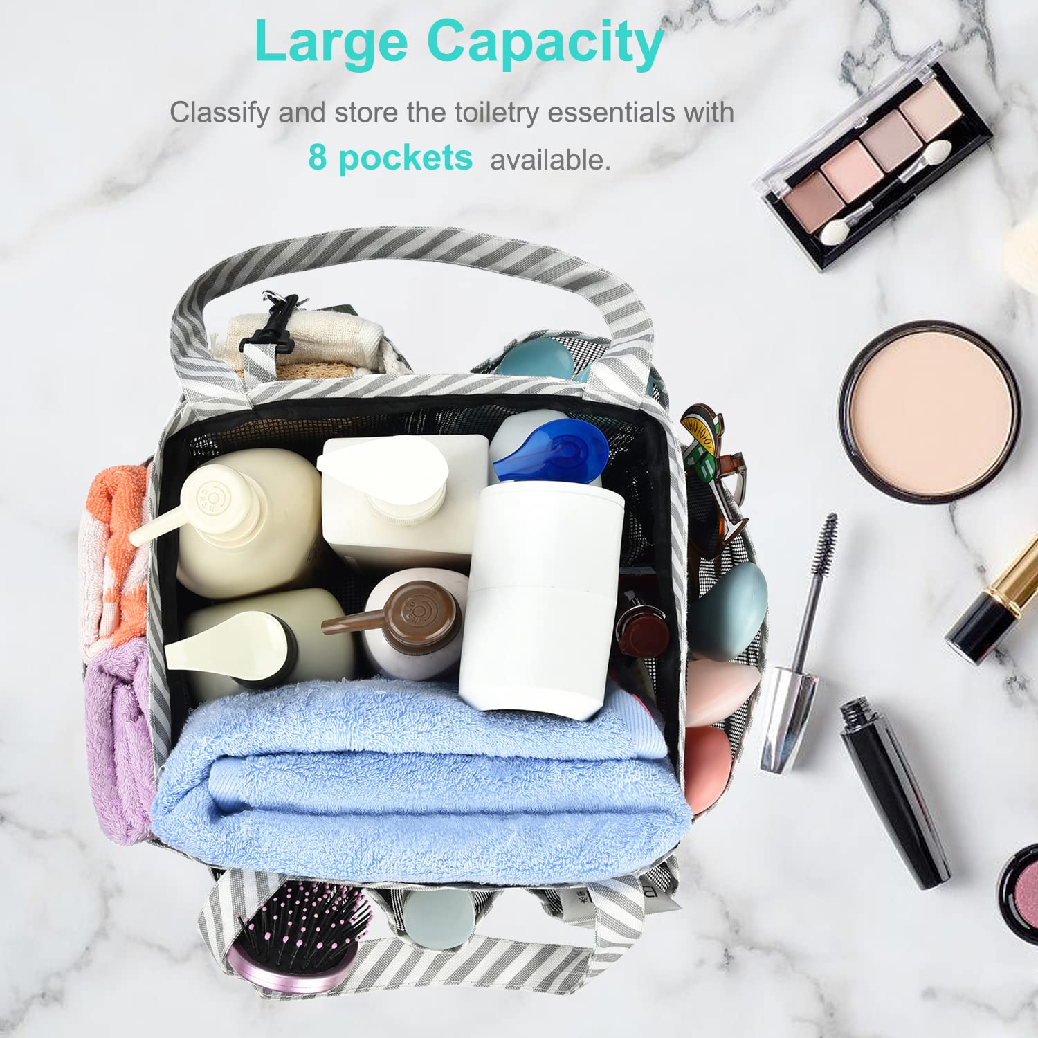 Large Mesh Shower Caddy Bag - College Dorm Bathroom Organizer with Key Hook & 2 Oxford Handles, 8 Pockets - Portable Hanging Toiletry Bag for Camping, Gym, Travel & Home Use