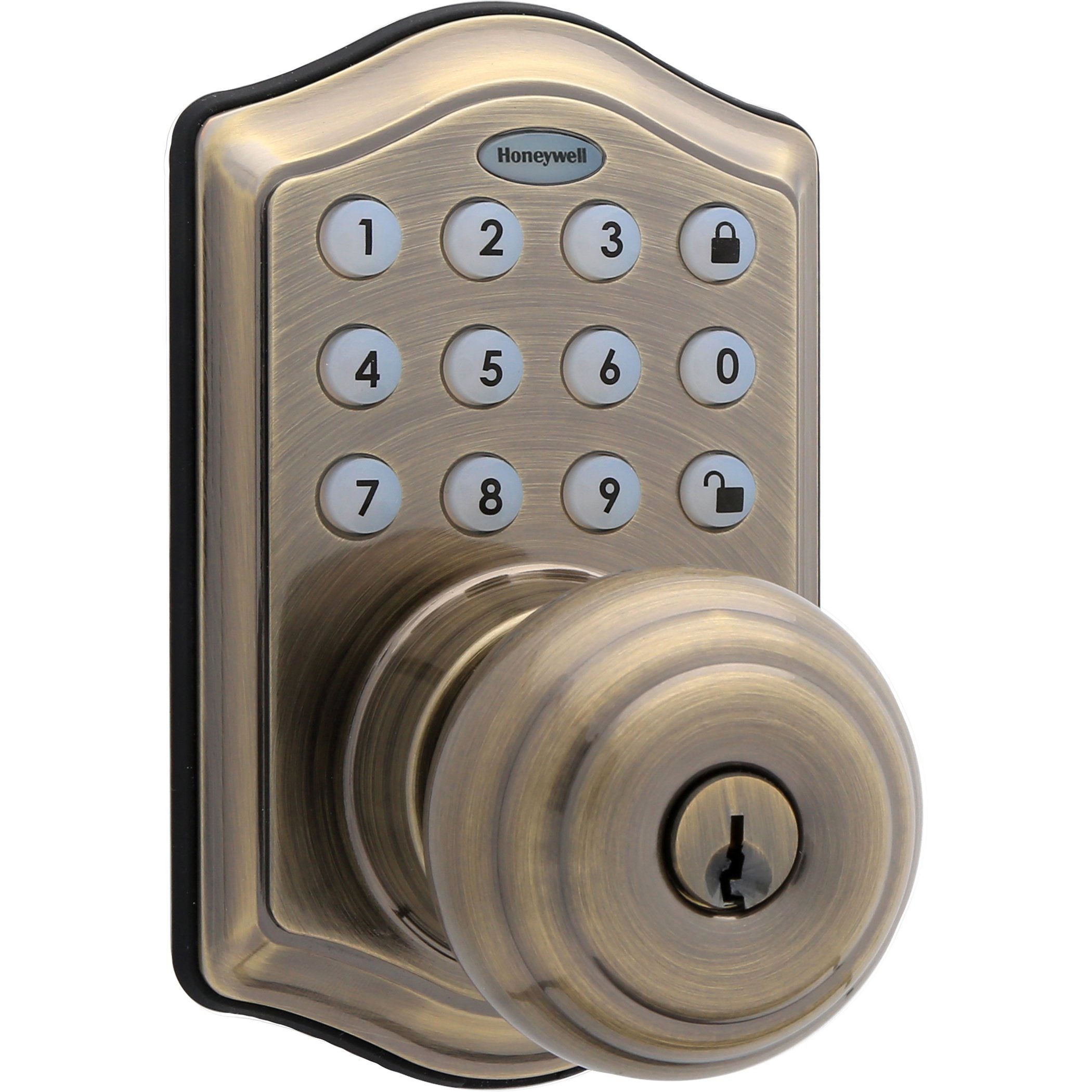 Honeywell 8732101 Electronic Keypad Entry Knob Door Lock - Antique Brass Finish for Home, Office & Apartment Security