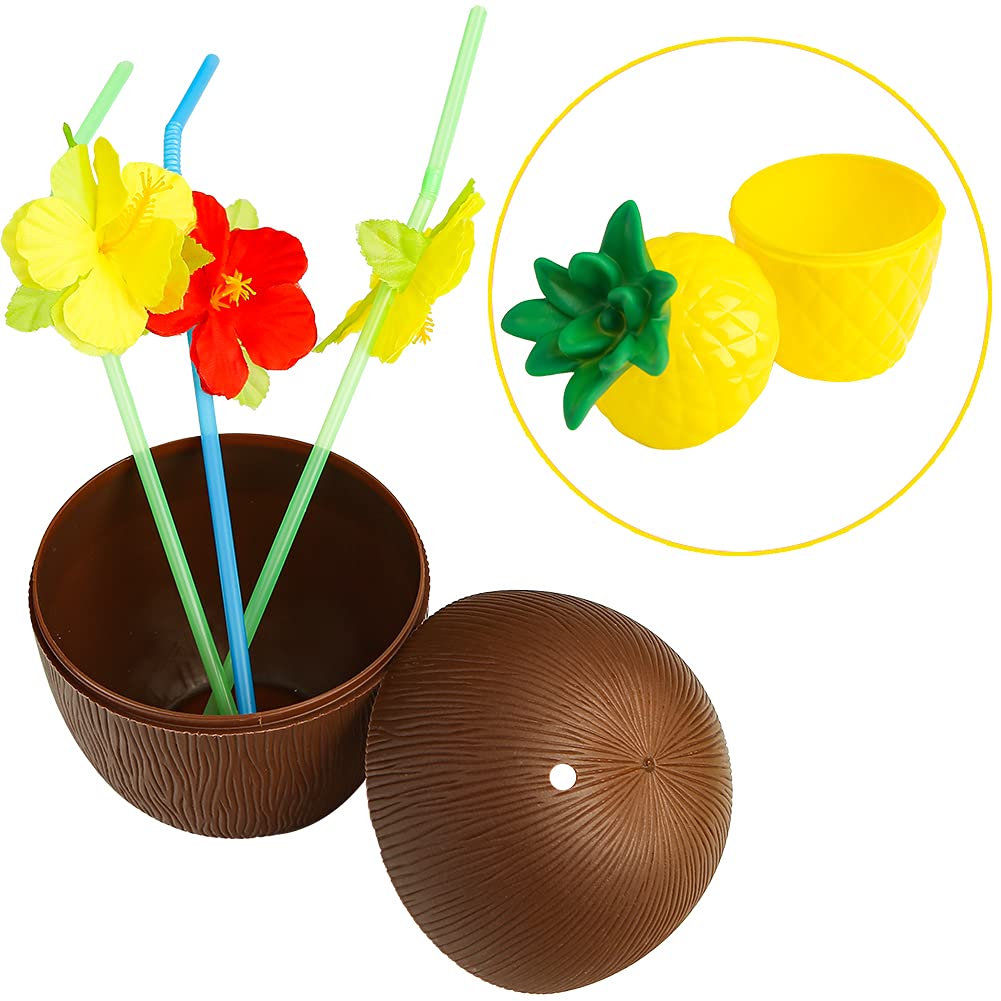 3PCS Tropical Pineapple Coconut Plastic Drink Cups with Straws - Hawaiian Luau Party Supplies for Summer Beach, Pool, and Kids Birthday Parties