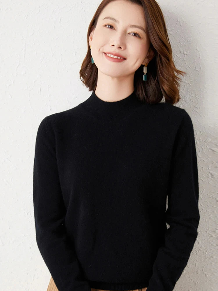 Premium Solid Half High Collar Cashmere Sweater for Women - Soft & Warm Winter Pullover - Perfect for Office, Dating & Holiday Outfits