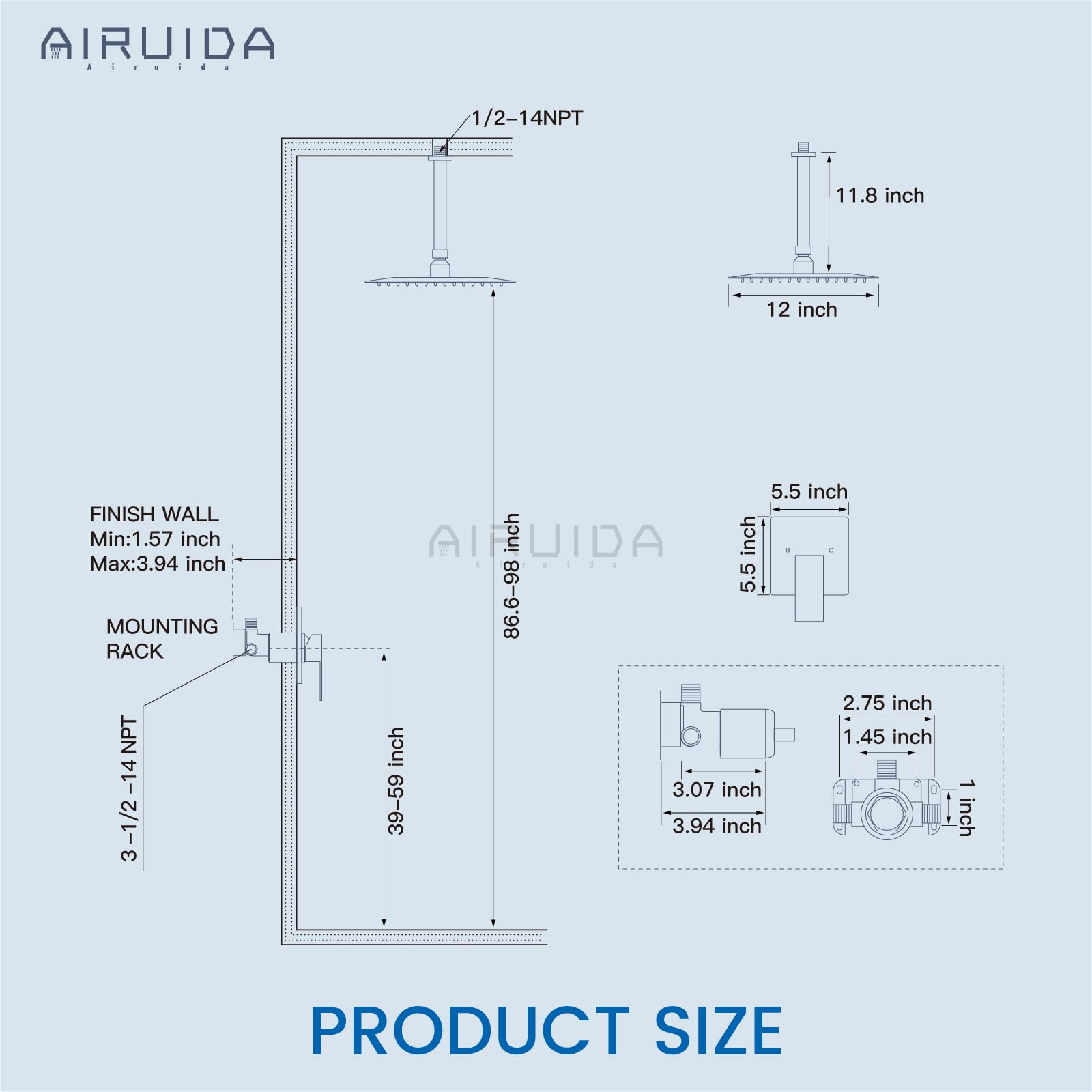 Airuida Brushed Nickel 12 Inch Square Rainfall Shower System - Single Function Ceiling Mount Shower Faucet Set with Male Threads & Rough-in Valve | Perfect for Modern Bathroom Renovations & Spa-Like Shower Experience