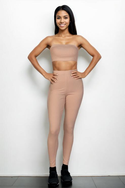 Women's Ribbed Tube Top & High Waist Leggings Set - Stretchy Workout Outfit for Yoga, Gym & Casual Wear
