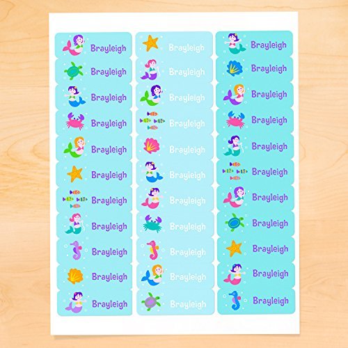 Personalized Waterproof Mermaid Peel & Stick Labels - 30 Custom Rectangle Labels for School, Camp, Lunch Boxes & Kids' Organization