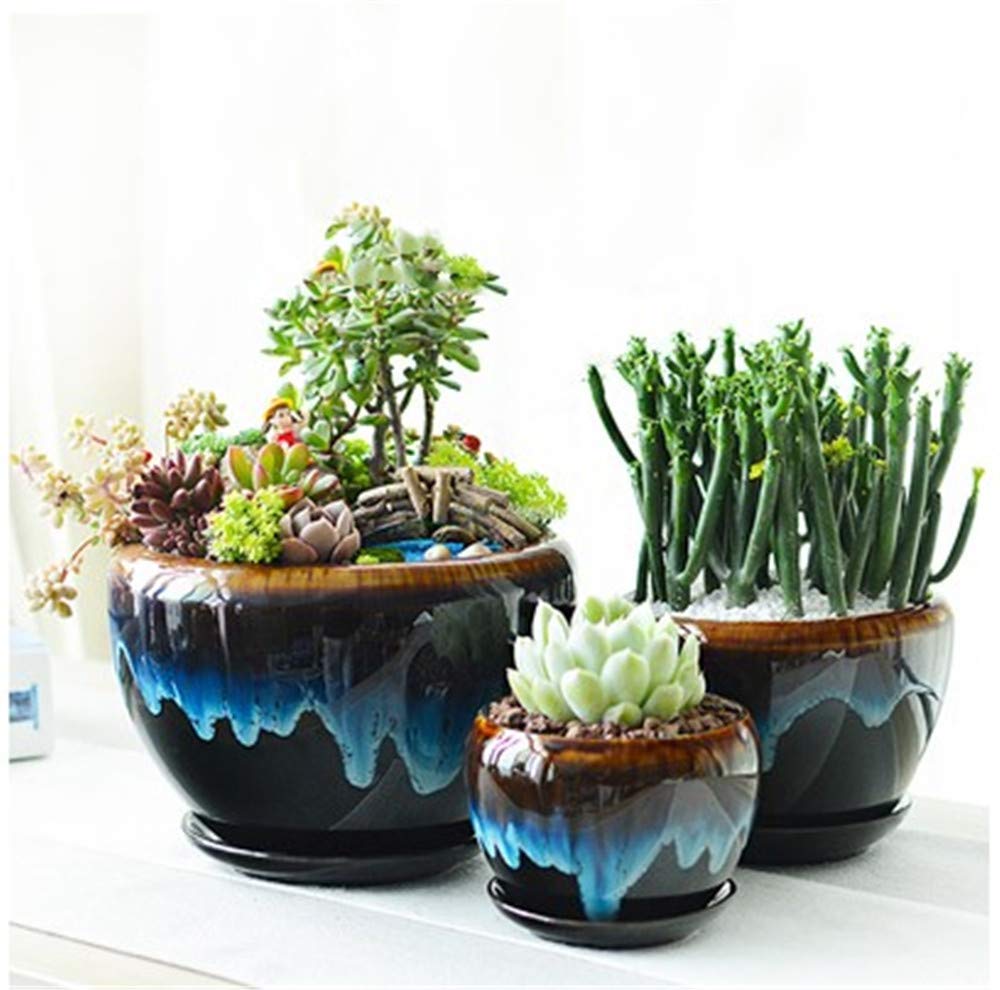 3-Piece Green Ceramic Flower Planter Set - Blue & Black Jewelry Design Indoor/Outdoor Decorative Plant Pots for Windowsill Garden | Perfect for Home Decor, Office Plants & Gift Ideas
