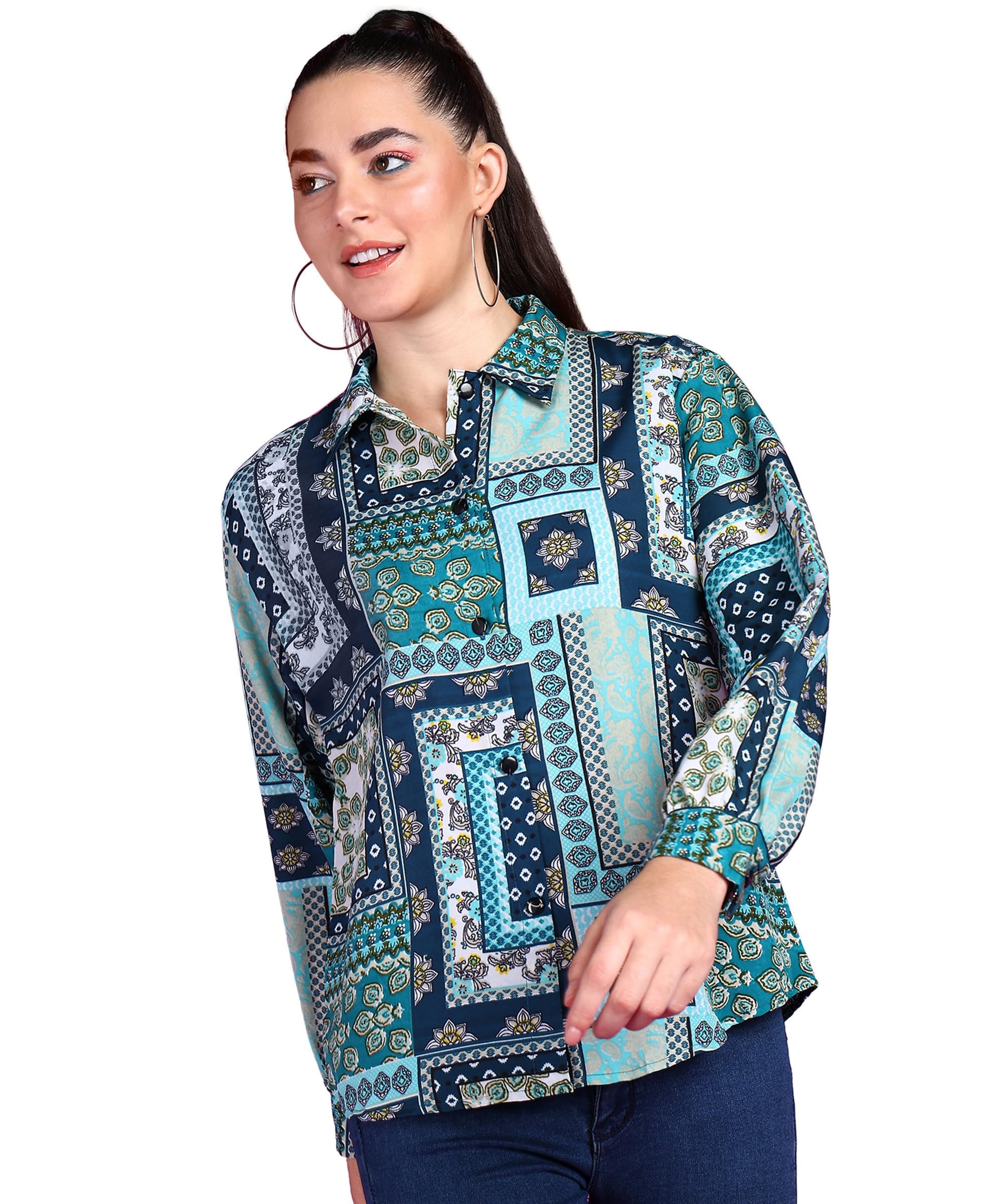 POPWINGS Women's Casual Sky Blue Floral Print Button Down Shirt - Long Sleeve Collared Blouse for Work, Office & Everyday Wear | Trendy Regular Fit Tops for Spring Summer Outfits