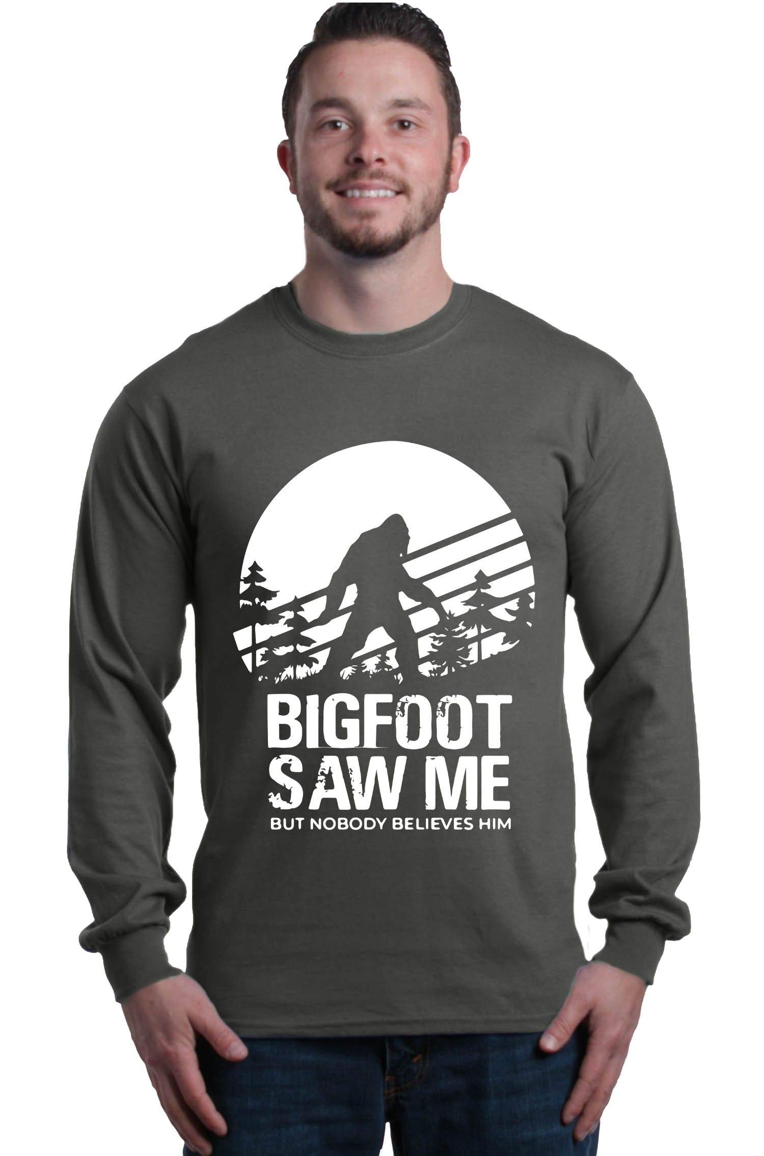 Funny Bigfoot Sasquatch Long Sleeve T-Shirt - 'He Saw Me But Nobody Believes' Novelty Graphic Tee for Hiking, Camping & Outdoor Enthusiasts