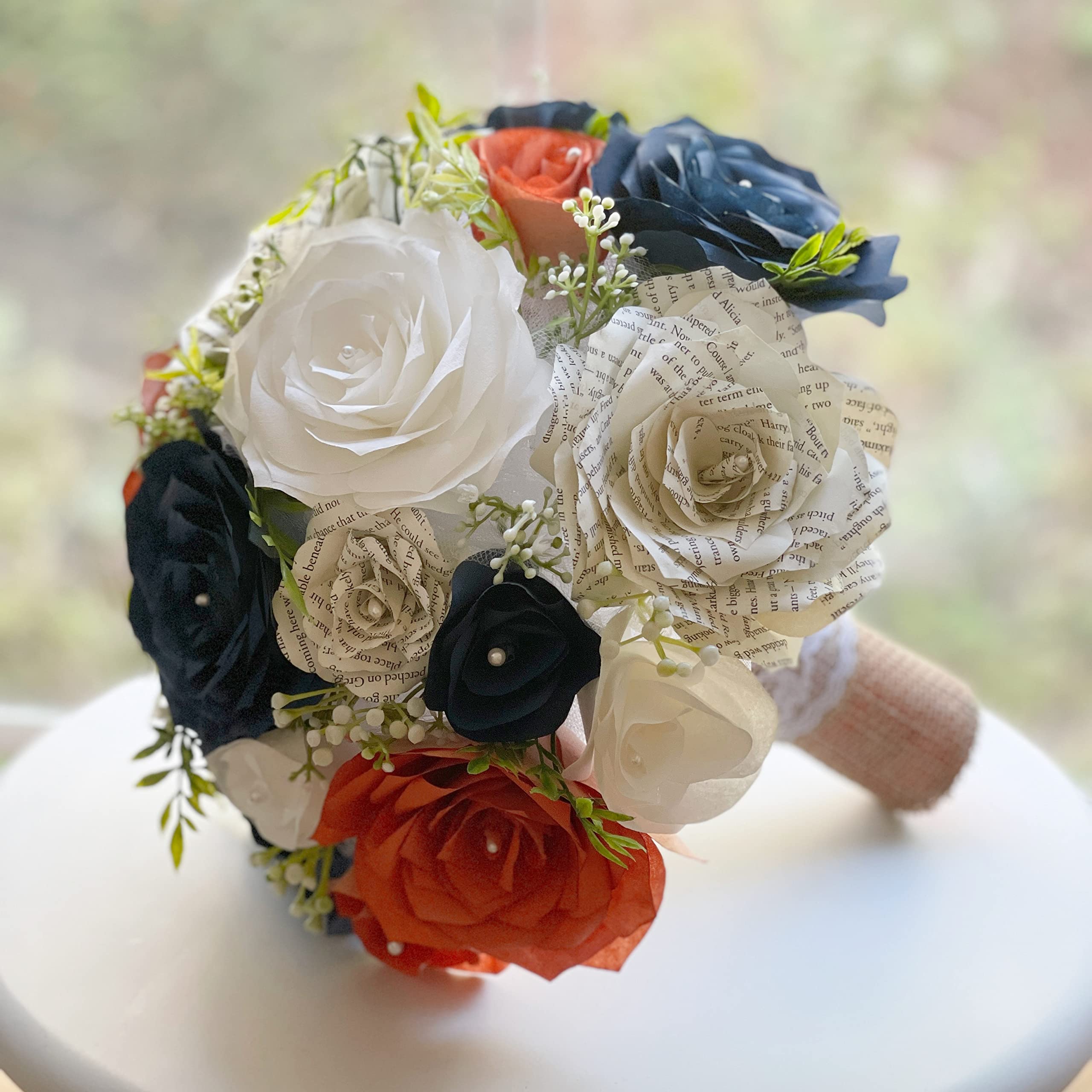 Burnt Orange Navy Blue White Paper Flower Bridal Bouquet - Handmade with Filter & Book Page Flowers for Wedding, Bridal Shower, Photo Props