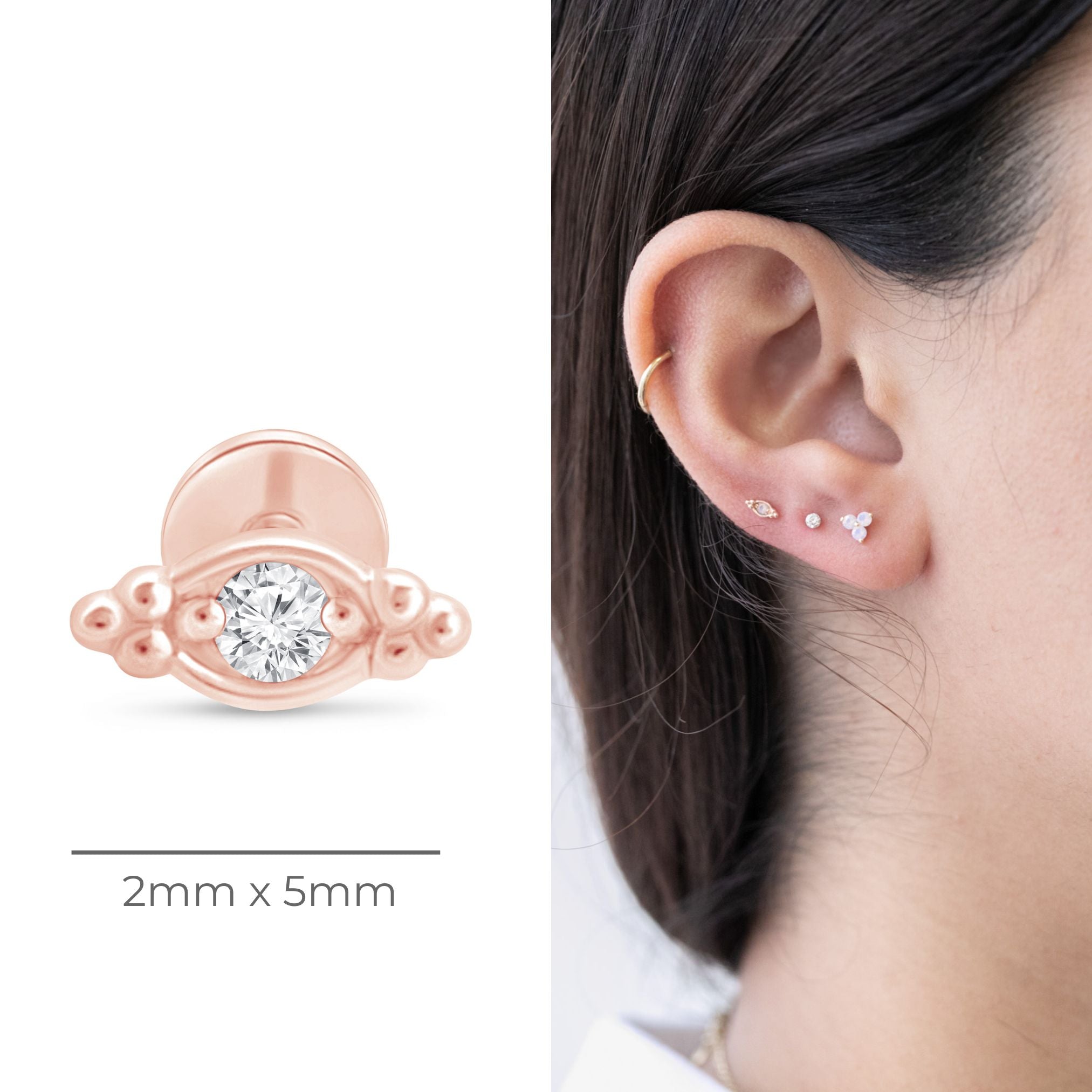 14K Rose Gold Beaded Marquise Diamond Evil Eye Flat Back Stud Earrings for Women - Perfect for Everyday Wear, Protection Jewelry & Gift Giving