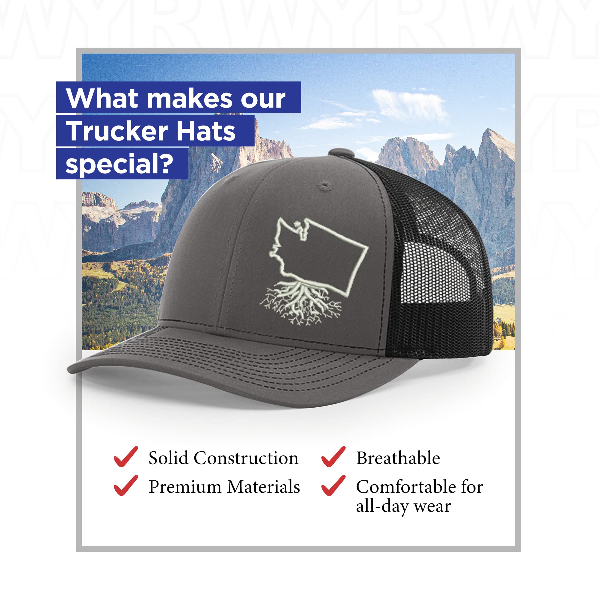 Washington Roots Snapback Hat - Stylish Unisex Baseball Cap with Mesh Back, Polyester Cotton Six-Panel Trucker Hat (Charcoal & Black) - Perfect for Outdoor Activities, Sports & Casual Wear