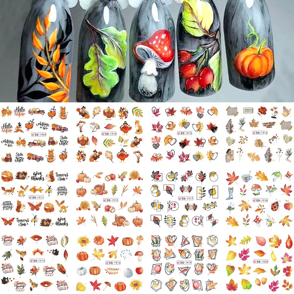 12 Designs Fall Water Transfer Nail Stickers - Autumn Maple Leaf, Pumpkin, Turkey, Sunflower & Butterfly Nail Art Decals for Thanksgiving, Halloween DIY Manicure Tips - Perfect for Women, Girls & Kids Nail Decoration (Great for Parties, Holidays & Seasonal Nail Art)