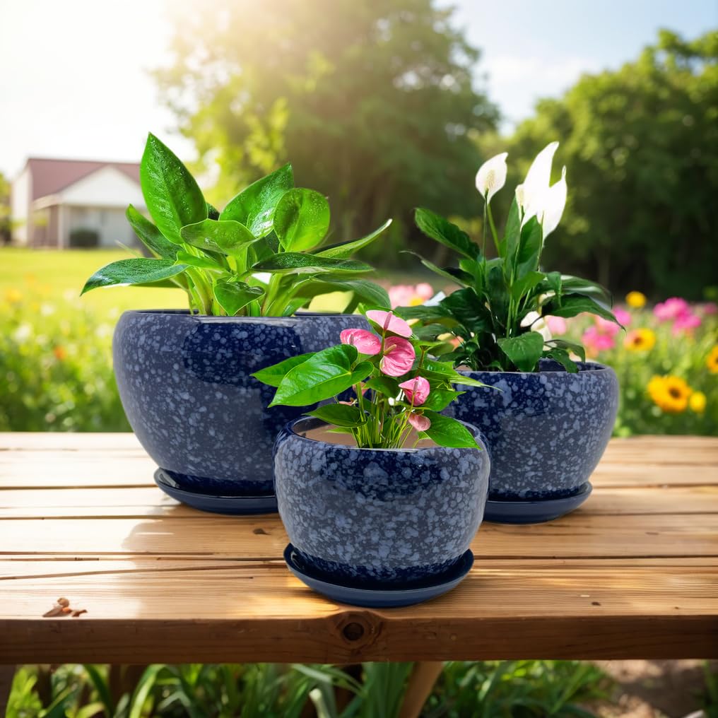 Modern Ceramic Plant Pot Set with Tray & Drainage Holes - Indoor/Outdoor Flower Planters for Garden, Office, Windowsill Decor (3-Piece Set) - Perfect for Home, Balcony & Gift Giving