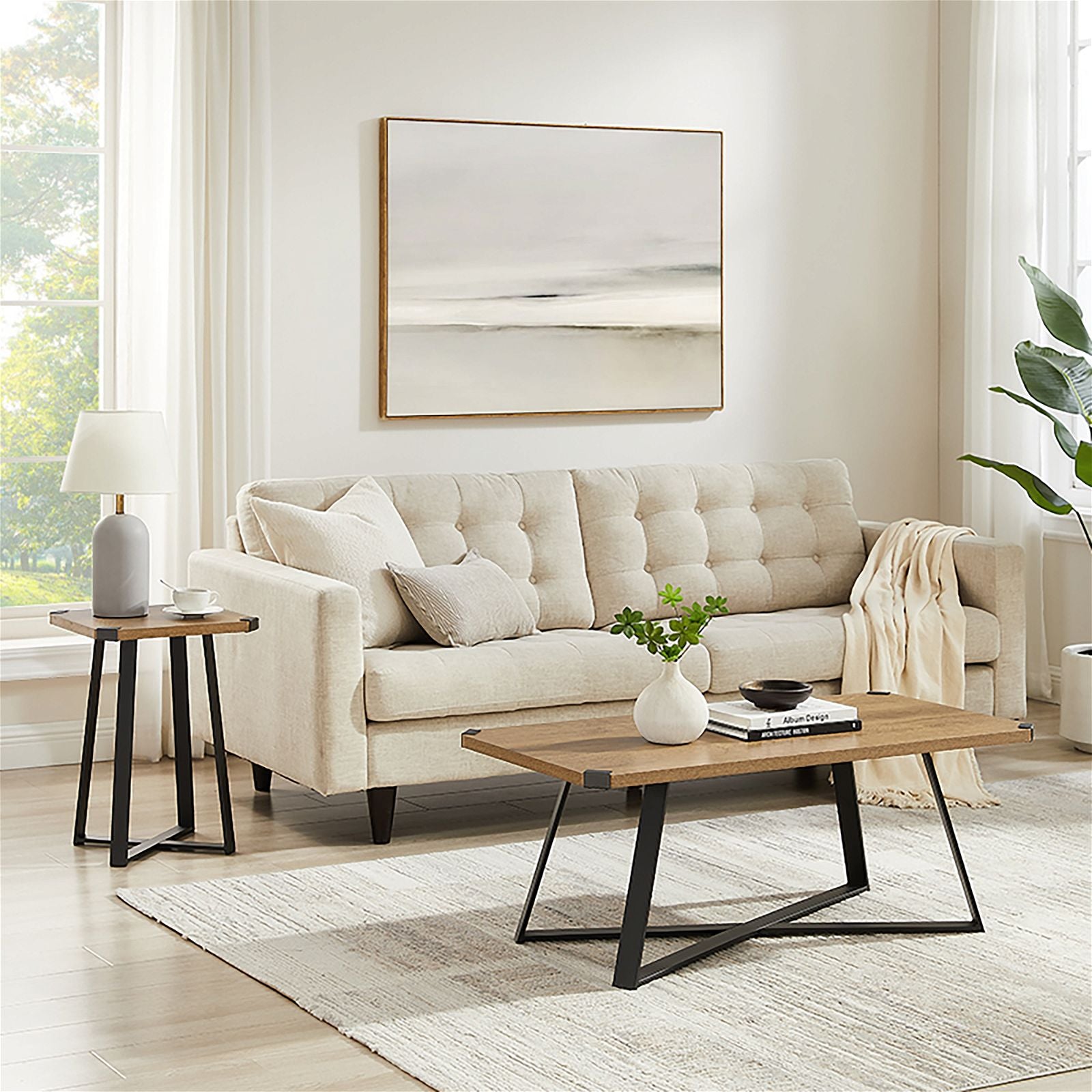 Criterionâ¢ 43-Inch Dark Oak Capri Coffee Table with Black Metal Legs & Accents - Modern Living Room Centerpiece for Home Decor