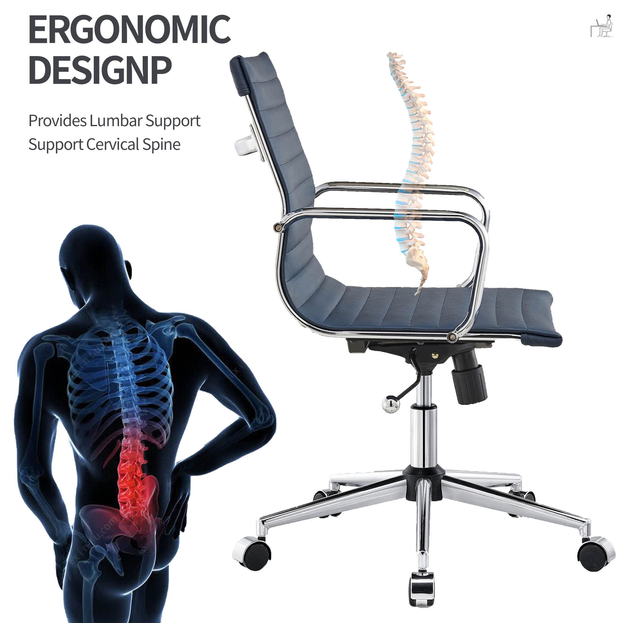 Ergonomic Leather Office Chair - Modern Swivel Executive Desk Chair with Ribbed Back Support for Home & Conference Room - Navy Blue (Perfect for Long Work Hours & Video Meetings)
