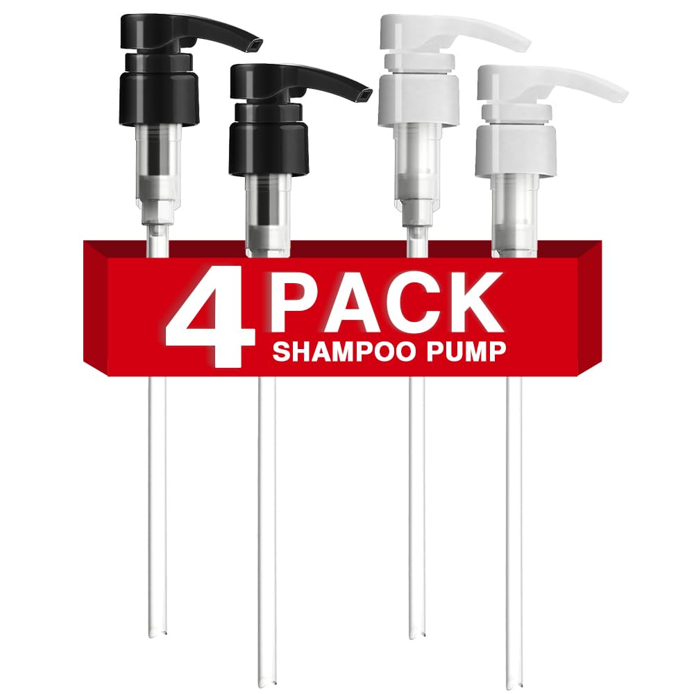 4-Pack Shampoo Pump Dispenser for 33.8 oz Bottles - Fits Most Salon Shampoo, Conditioner & Lotion Bottles with 1-Inch Opening - Black & White Replacement Pump Top for Soft Hair Products, Body Wash & Moisturizers - Perfect for Salon, Spa & Home Bathroom Use