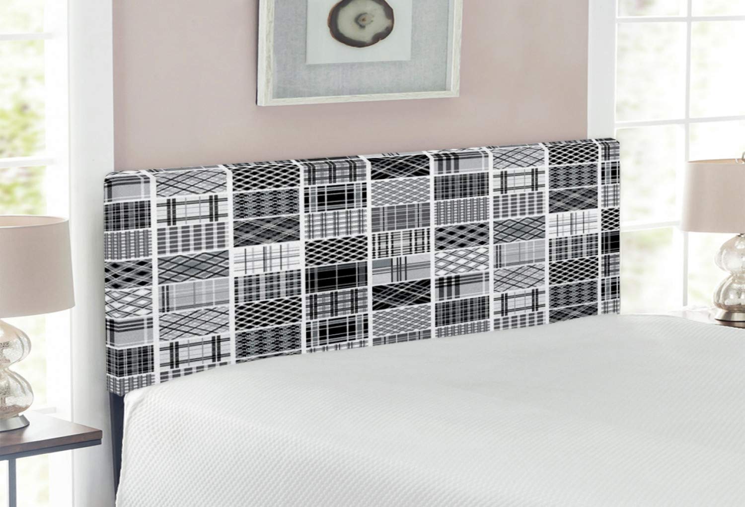 Ambesonne Grey Upholstered Headboard - Checkered Scotch Plaid & Striped Patchwork Design, Full Size Decorative Metal Bed Frame with Memory Foam (Black White Grey) for Modern Bedroom Decor & Guest Room Upgrade