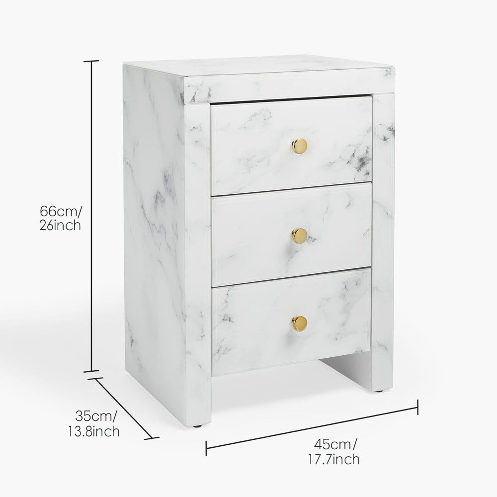 Glass Three-Drawer Nightstand - Stylish White Marble Textured Tempered Glass Bedside Table with Golden Metal Handle | Modern Bedroom Furniture for Small Spaces & Apartment Living