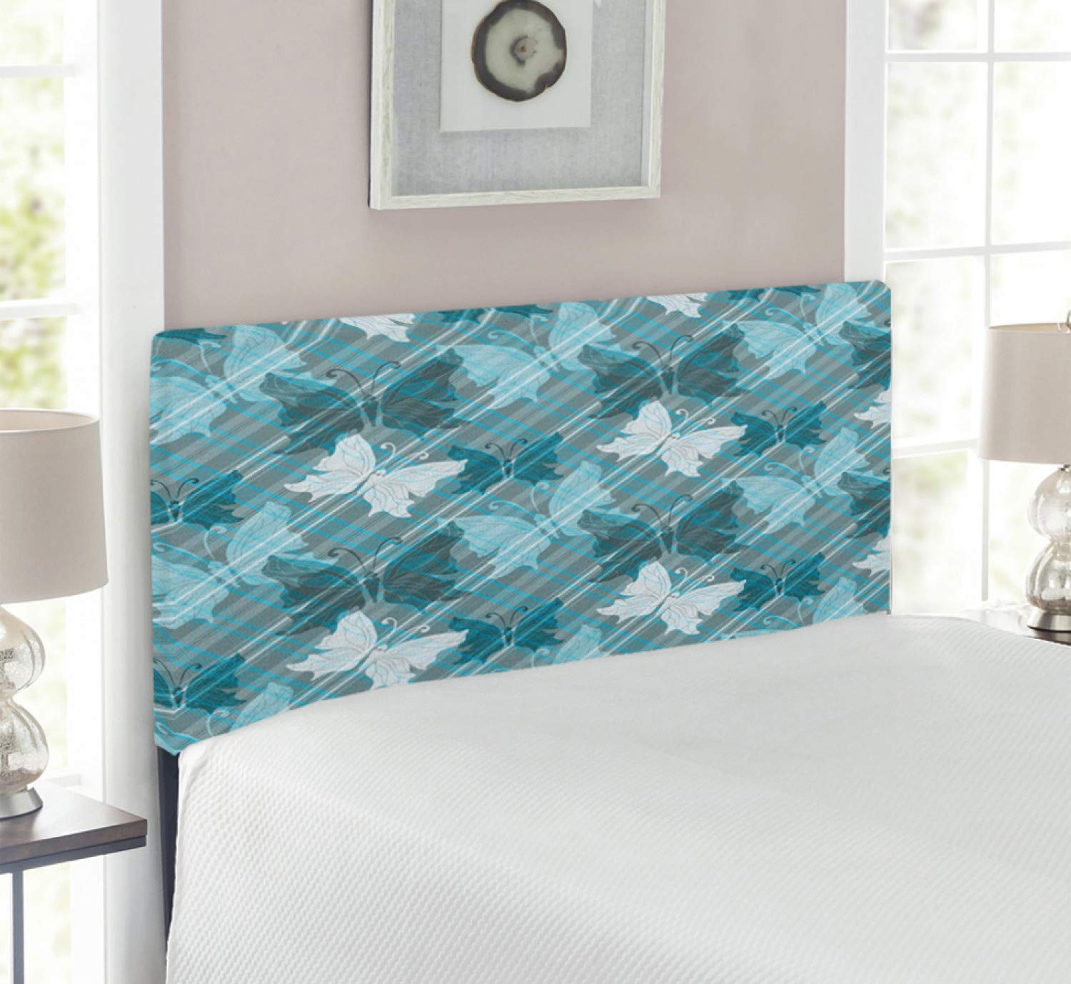 Ambesonne Grunge Headboard - Butterfly Checkered Pattern Upholstered Metal Bed Headboard with Memory Foam, Twin Size in Pale Blue Teal Grey | Perfect for Bohemian Bedroom Decor & Spring-Themed Interior Design
