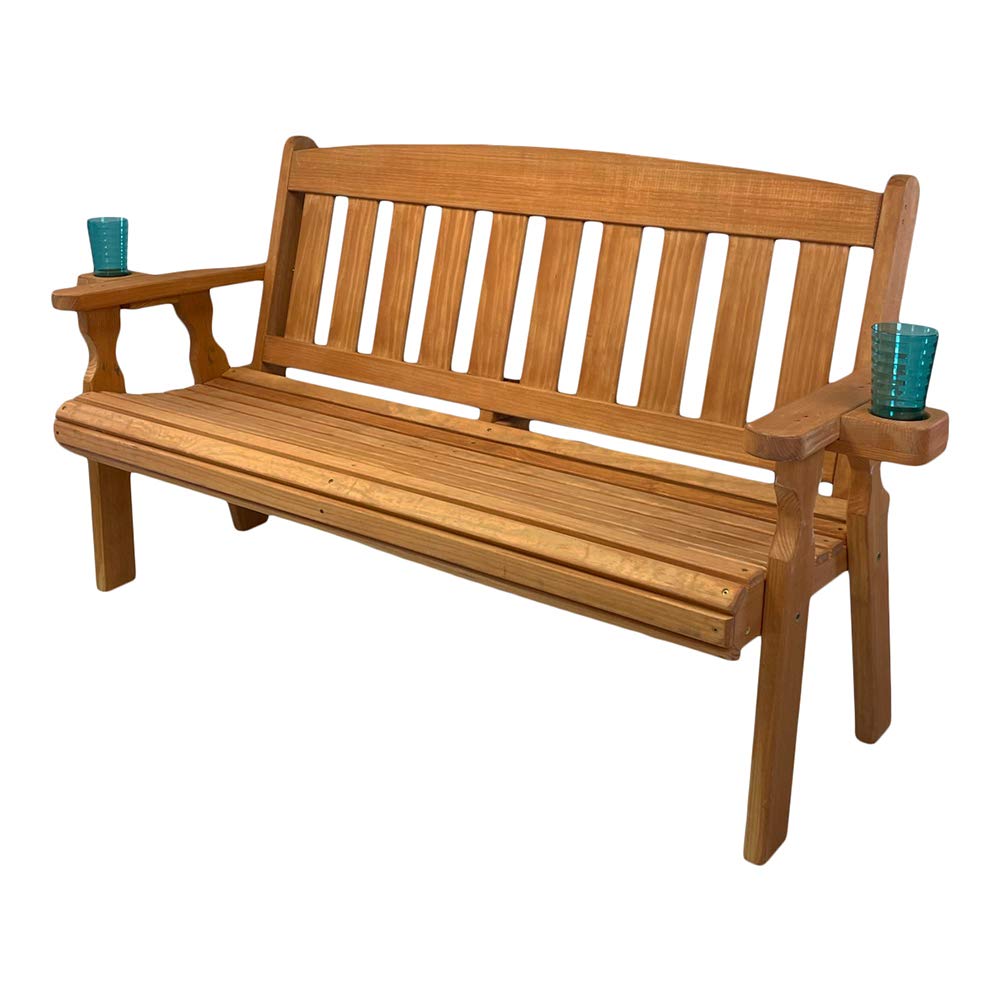 Amish Heavy Duty 800 Lb Capacity Cedar Garden Bench with Cup Holders - 4 Foot Mission Style Outdoor Seating for Patio, Deck, Backyard & Garden (Pressure Treated)