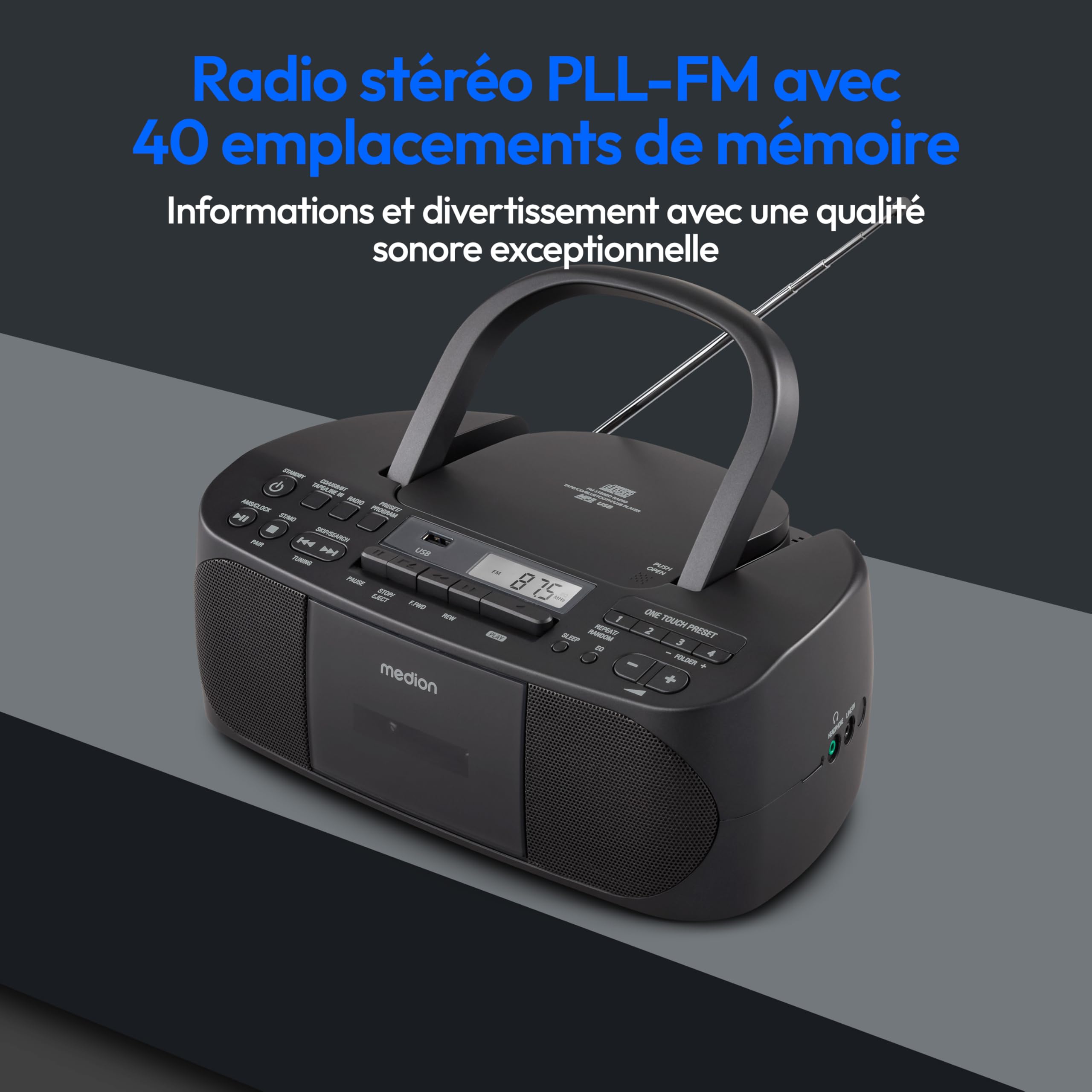 MEDION E65010 Stereo Radio with CD Player, Cassette Deck, USB Port, AUX Audio Input, MP3 Playback, FM PLL Radio, 40 Station Memory, Battery Operated, Remote Control - Black - Perfect for Home, Office, or Car Use