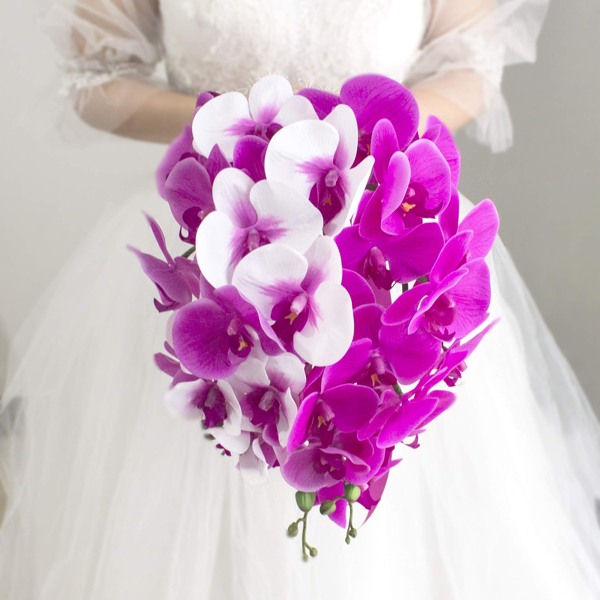 Ansuma Fuchsia Phalaenopsis Orchid Cascading Bridal Bouquet - Waterfall Wedding Flowers with Satin Ribbon for Wedding Ceremony, Anniversary, Bridal Shower & Rustic Vintage Decor | Perfect for French Country Weddings, Garden Parties & Romantic Events (Fuchsia)
