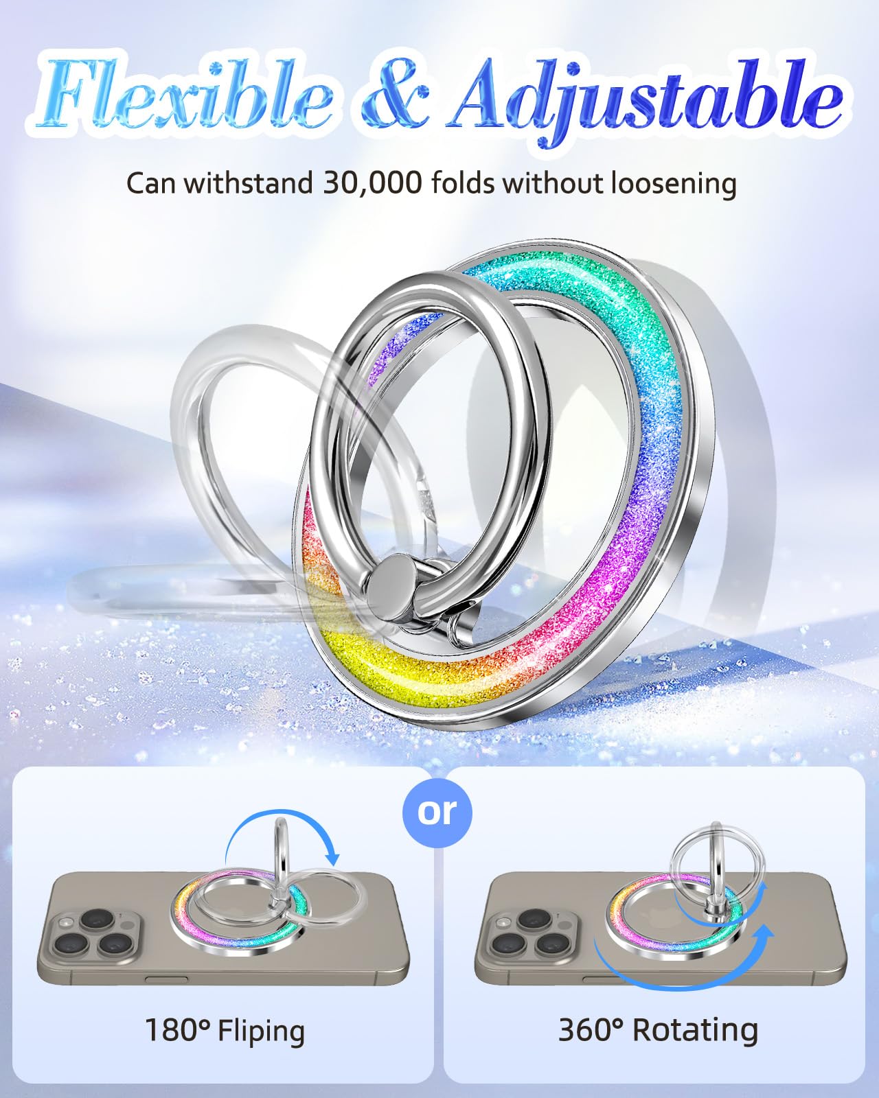 Magnetic Phone Ring Holder for iPhone 16/15/14/13 Pro Max Plus - MagSafe Compatible, Glitter Sparkle Grip Stand with Removable Finger Strap (Rainbow) - Perfect for Selfies, Videos & Hands-Free Use