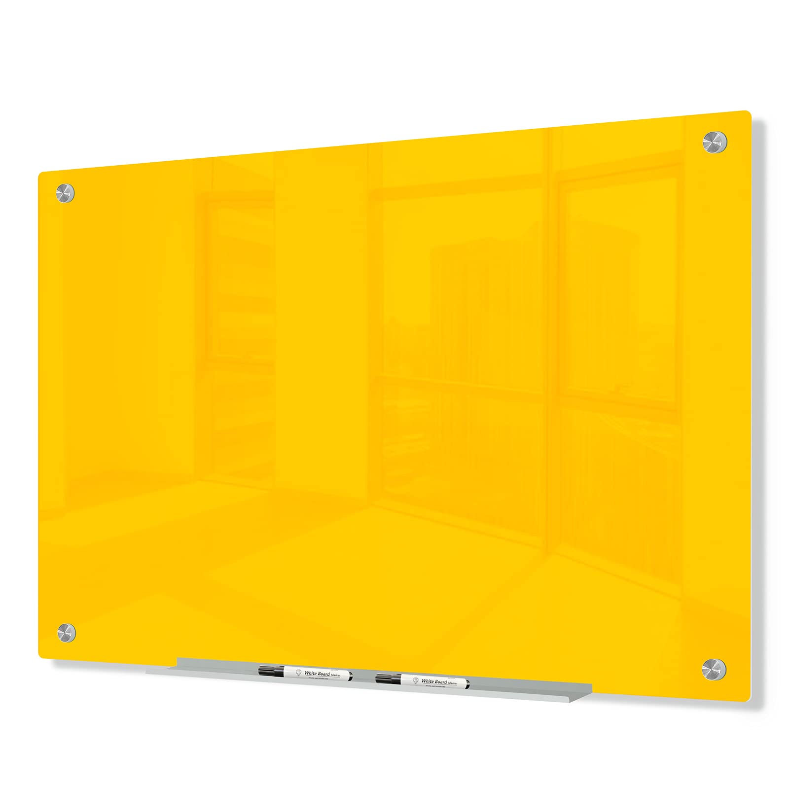 J&J Worldwide Magnetic Glass Whiteboard 47x35 Inch - Wall Mounted Frameless Dry Erase Board with Yellow Surface, Includes Markers, Magnets, Marker Tray & Eraser for Office, Home & School - Perfect for Presentations, Brainstorming & Classroom Teaching