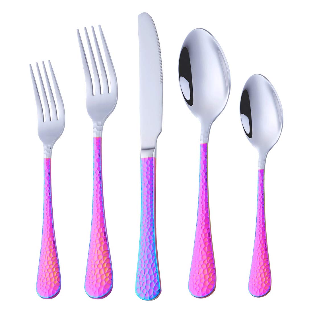 BuyGo 20-Piece Stainless Steel Flatware Set - Hammered Design Silverware for 4 People, Durable Dinnerware with Rainbow Handle - Perfect for Dining, Parties, and Everyday Use