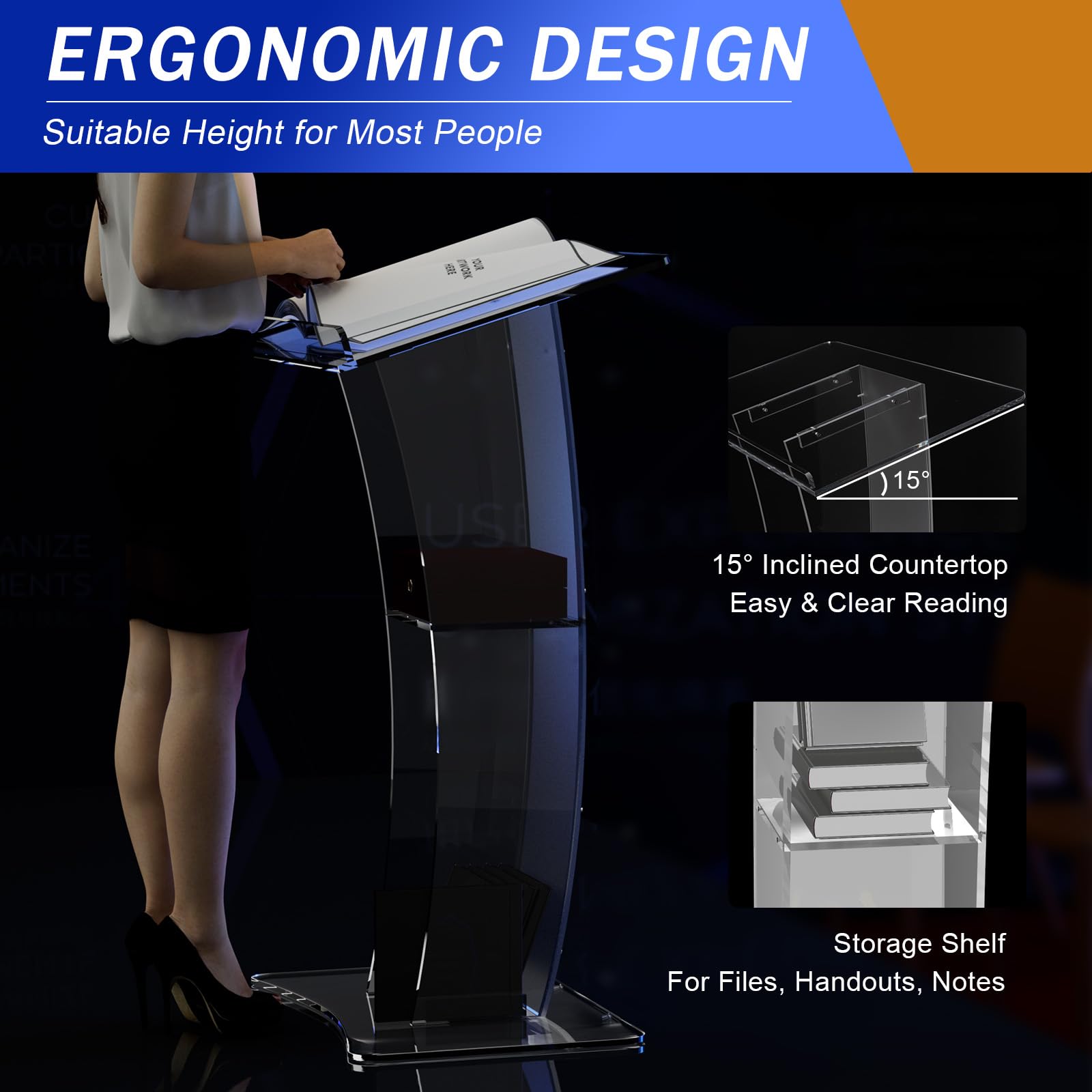 Acrylic Slanted Speaker Podium Lectern - Curved Plexiglass Transparent Pulpit for Church, Lectures, Recitals & Presentations | Perfect for Classrooms, Conferences & Worship Services