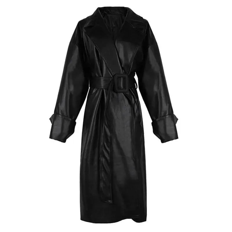 Stylish Black Oversized Leather Trench Coat for Women - Waterproof Winter Long Coat with Belt - Perfect for Office, Dating & Night Out