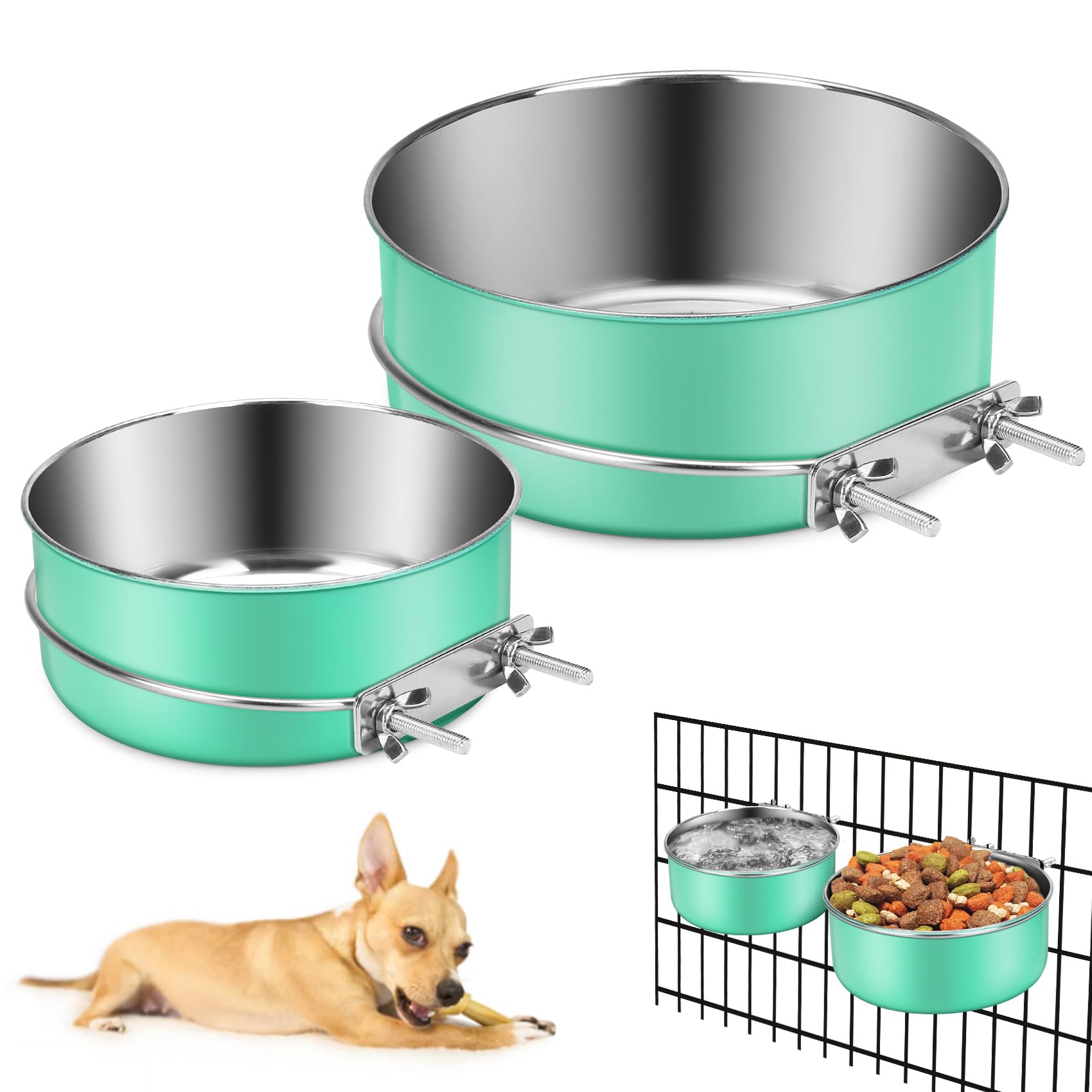 Stainless Steel Hanging Pet Bowls - 2PCS Dog Food & Water Bowls with Grate Design for Cage, Crate, Kennel - Durable Elevated Feeder for Small & Medium Dogs - Perfect for Travel, Camping & Home Use