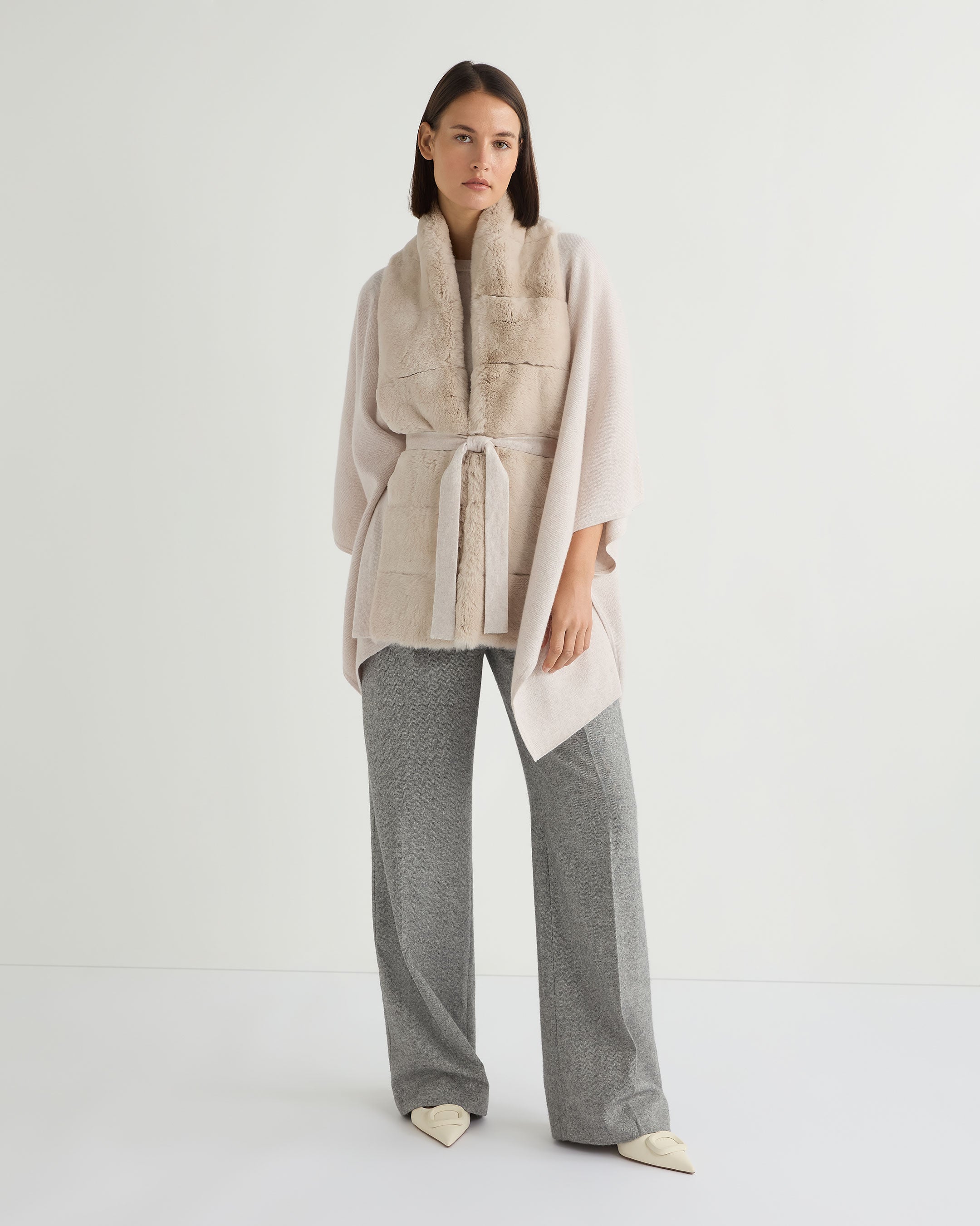Luxury Women's Isabella Cashmere Cape with Fur Trim - Frost White - Elegant Winter Outerwear for Parties & Special Occasions