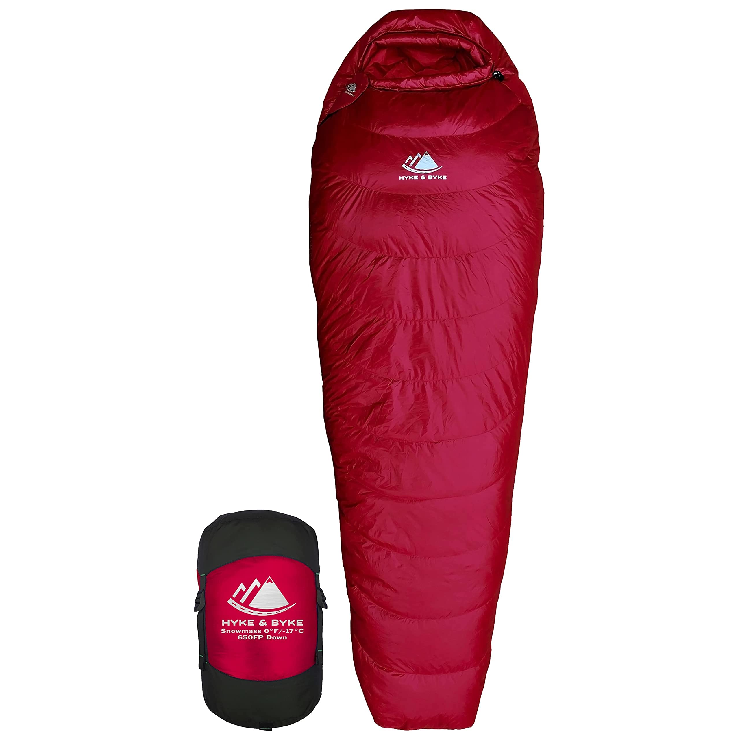 Hyke & Byke Snowmass 0°F Cold Weather Mummy Sleeping Bag - 650 FP Duck Down 4 Season Ultralight Backpacking Sleeping Bag for Adults with Compression Sack - Perfect for Winter Camping, Hiking & Outdoor Adventures