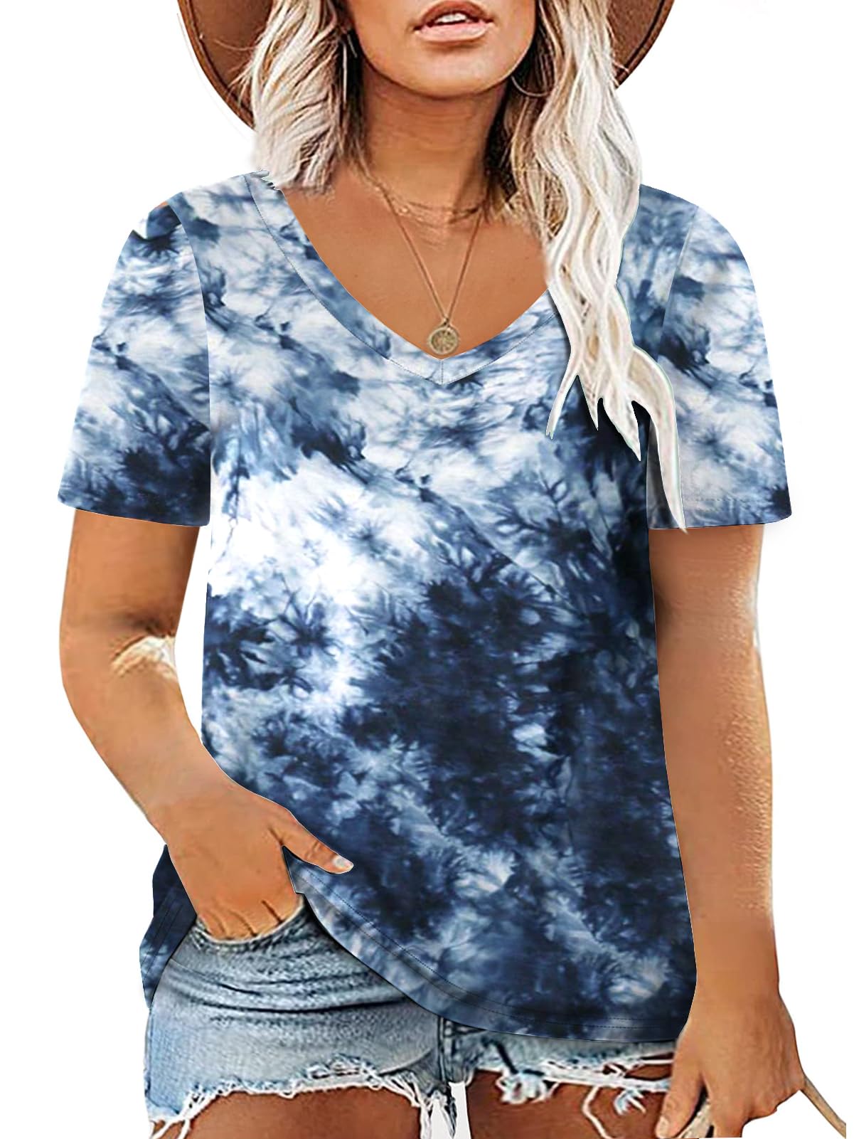 ROSRISS Plus Size Women's Tie Dye T-Shirts for Summer - Casual Short Sleeve Blouse for Beach, Vacation & Everyday Wear