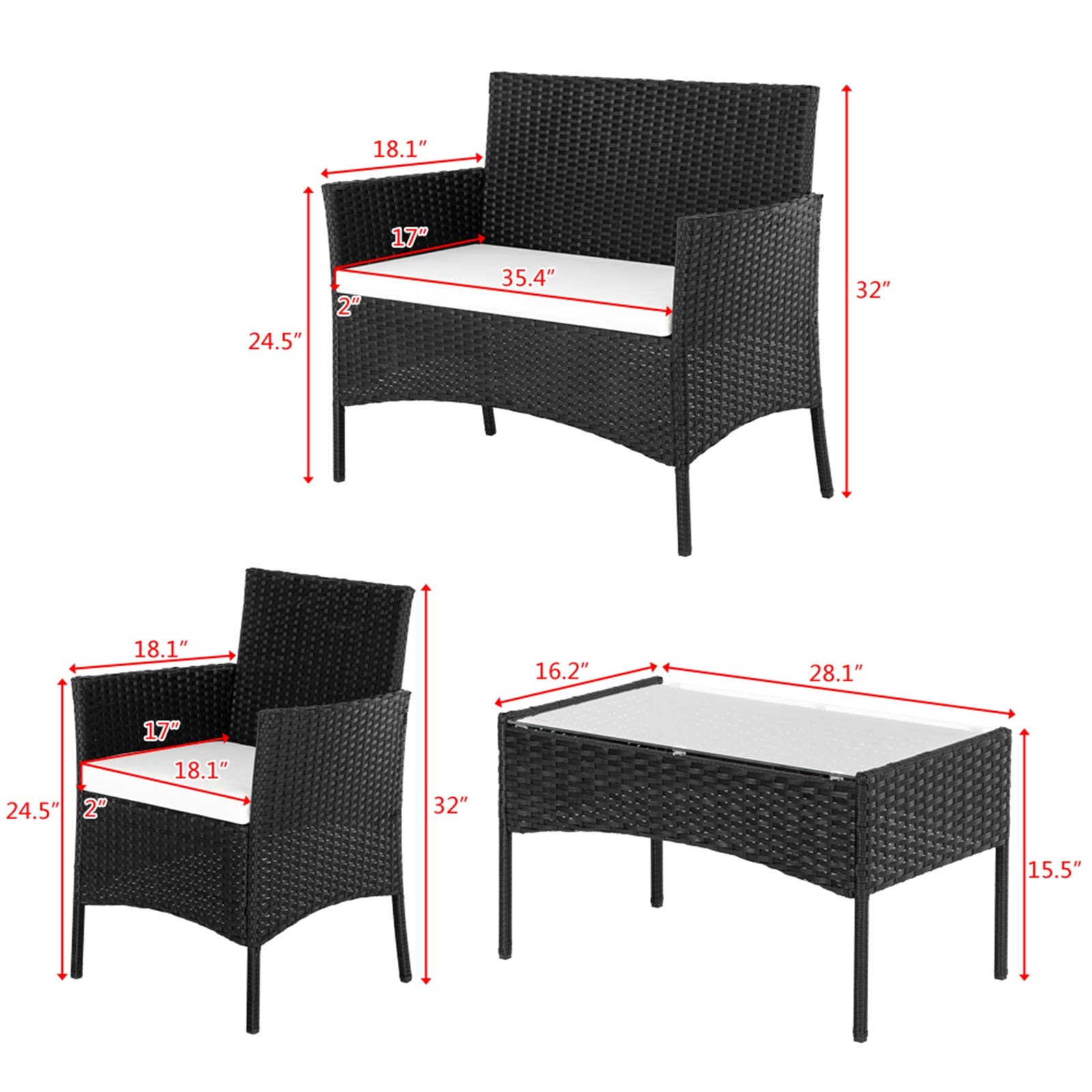 4-Piece Black Wicker Rattan Patio Conversation Set with Weather-Resistant Cushions - Outdoor Garden, Lawn, Pool & Backyard Furniture for Relaxing & Entertaining