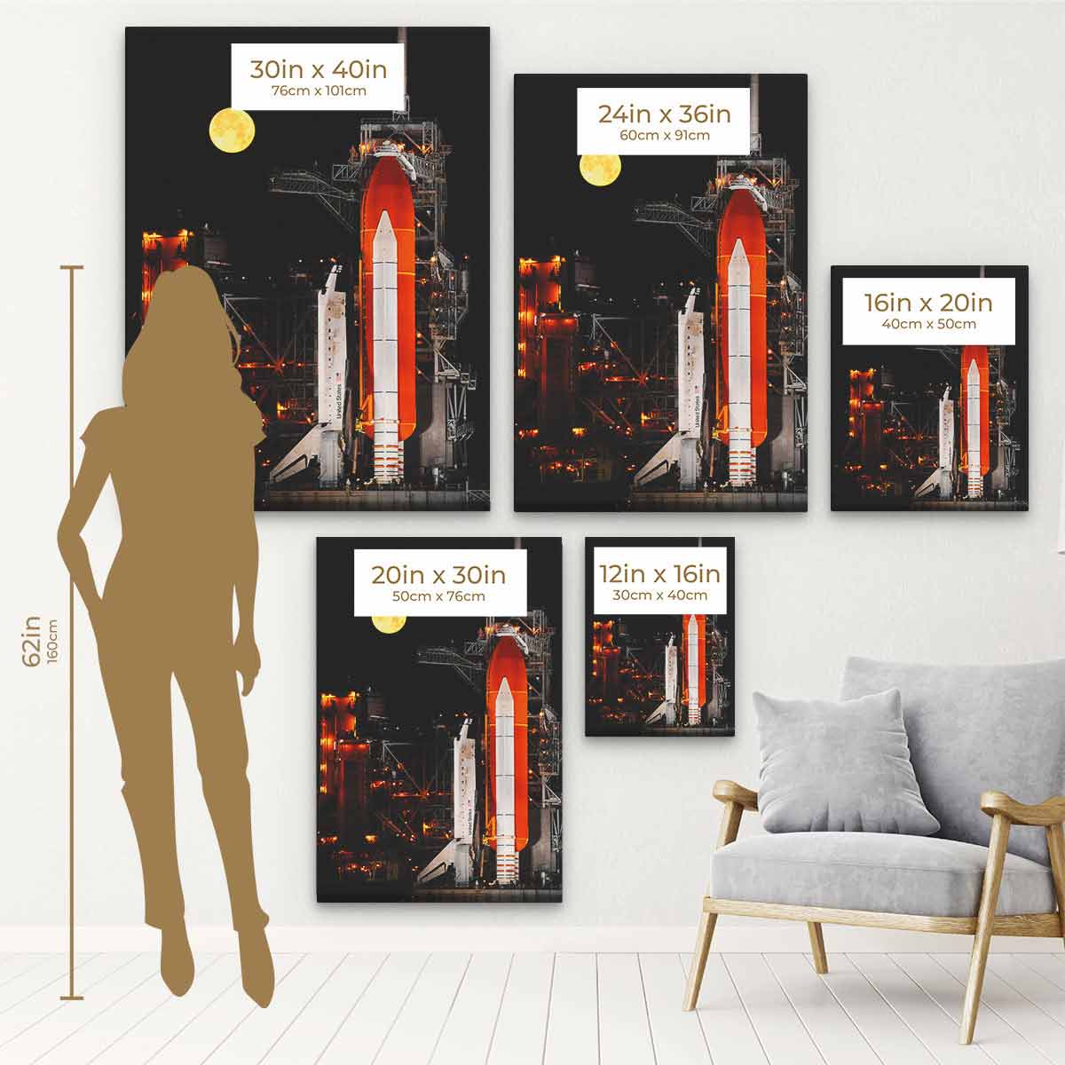 Black Rocket Space Ship Wall Art Canvas Print - 1327 - Modern Space Themed Decor for Kids Room, Nursery, or Playroom