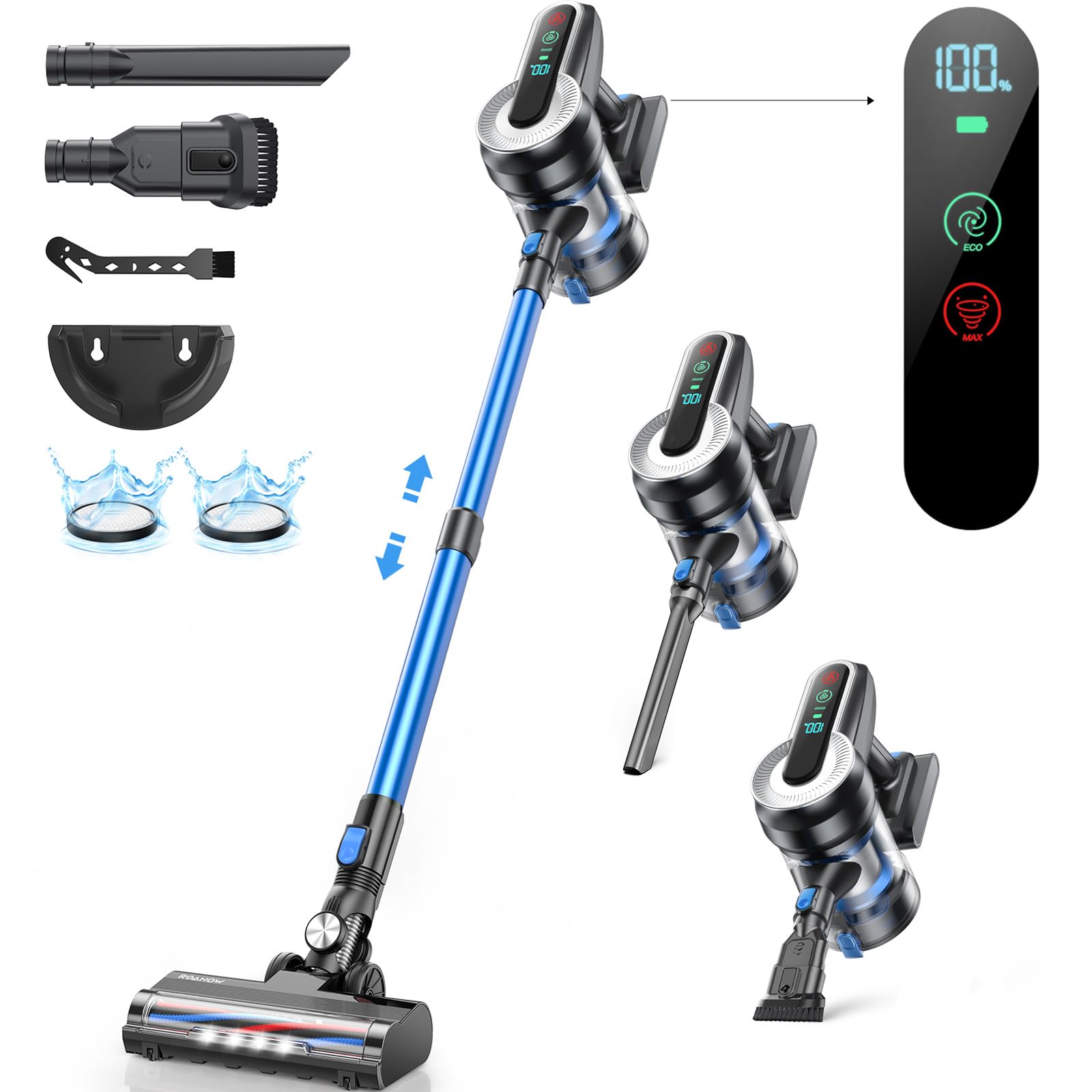 Roanow 450W/35KPA Cordless Stick Vacuum Cleaner - Ultra Lightweight for Home, Carpet & Hard Floors - 55 Min Runtime, LED Display, Pet Hair Removal - Perfect for Quick Cleanups & Pet Owners (Blue, Model SCV001)