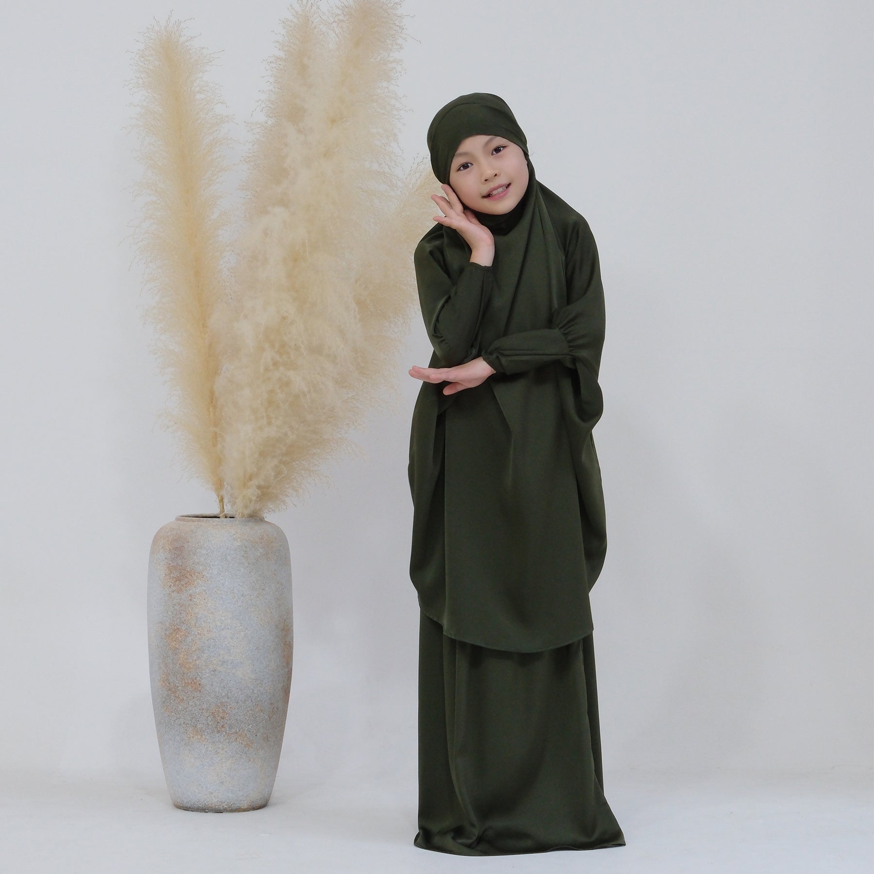 Nabela Kids Jilbab Set - Olive Green Muslim Girls Prayer Outfit for School & Mosque