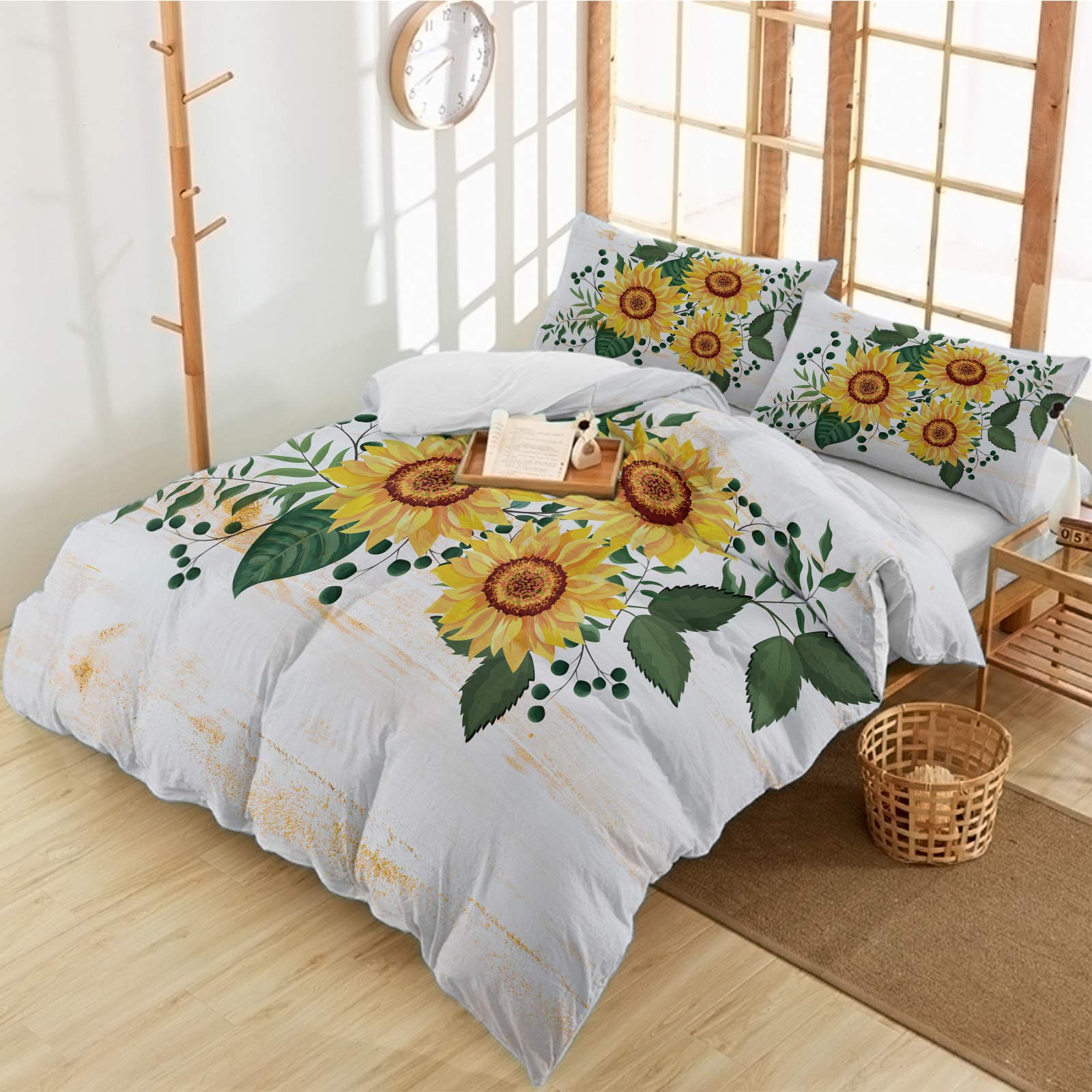 ZFUNCING 3-Piece Twin Duvet Cover Set - Sunflower & Branches Luxury Soft Microfiber Comforter with Pillowcases - Farmhouse Retro Wooden Plank Design for Bedroom Decor | Perfect for Summer Bedding, Guest Room & Cozy Farmhouse Style