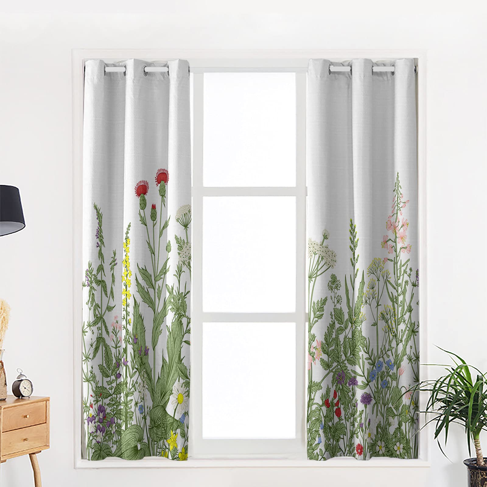 Blackout Curtains with Natural Green Plants & Flowers - 2 Panel Room Darkening Window Drapes with Grommet Top for Bedroom & Living Room | Idyllic Herb Design on White Background | Perfect for Light Control & Privacy in Home Decor