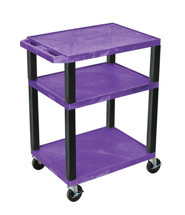Luxor Tuffy Purple 3-Shelf AV Cart with Nickel Legs & Electric Outlet - Perfect for Classrooms, Offices, and Home Entertainment Systems