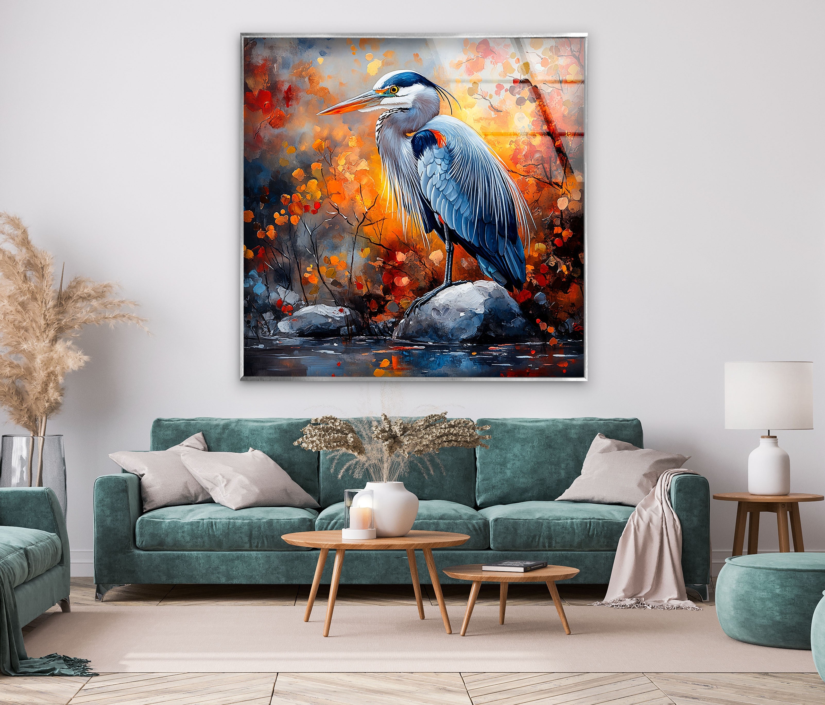 Autumn Majesty - Heron in Fiery Foliage Glass Wall Art Decor | Stunning Nature-Themed Home & Office Decoration | Perfect for Living Room, Bedroom or Gift