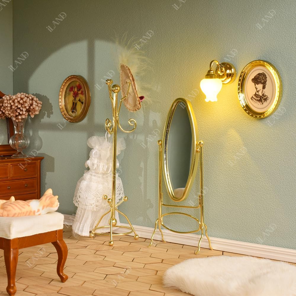 iLAND 1:12 Scale Miniature Dollhouse Furniture Set - Golden Coat Rack & Full Mirror - Perfect for Dollhouse Decor, DIY Miniature Projects & Collectors Display