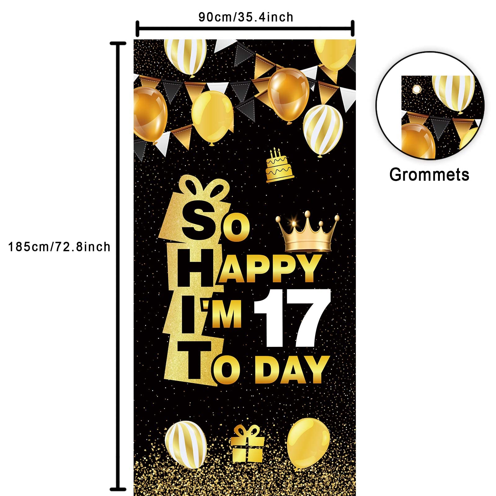 Happy 17th Birthday Banner - Black & Gold Backdrop with Crown for Sweet Seventeen Party Decorations | Perfect for Photo Booth Props, Wall Decor & Birthday Favors | Great for Teens, Boys & Girls Celebration