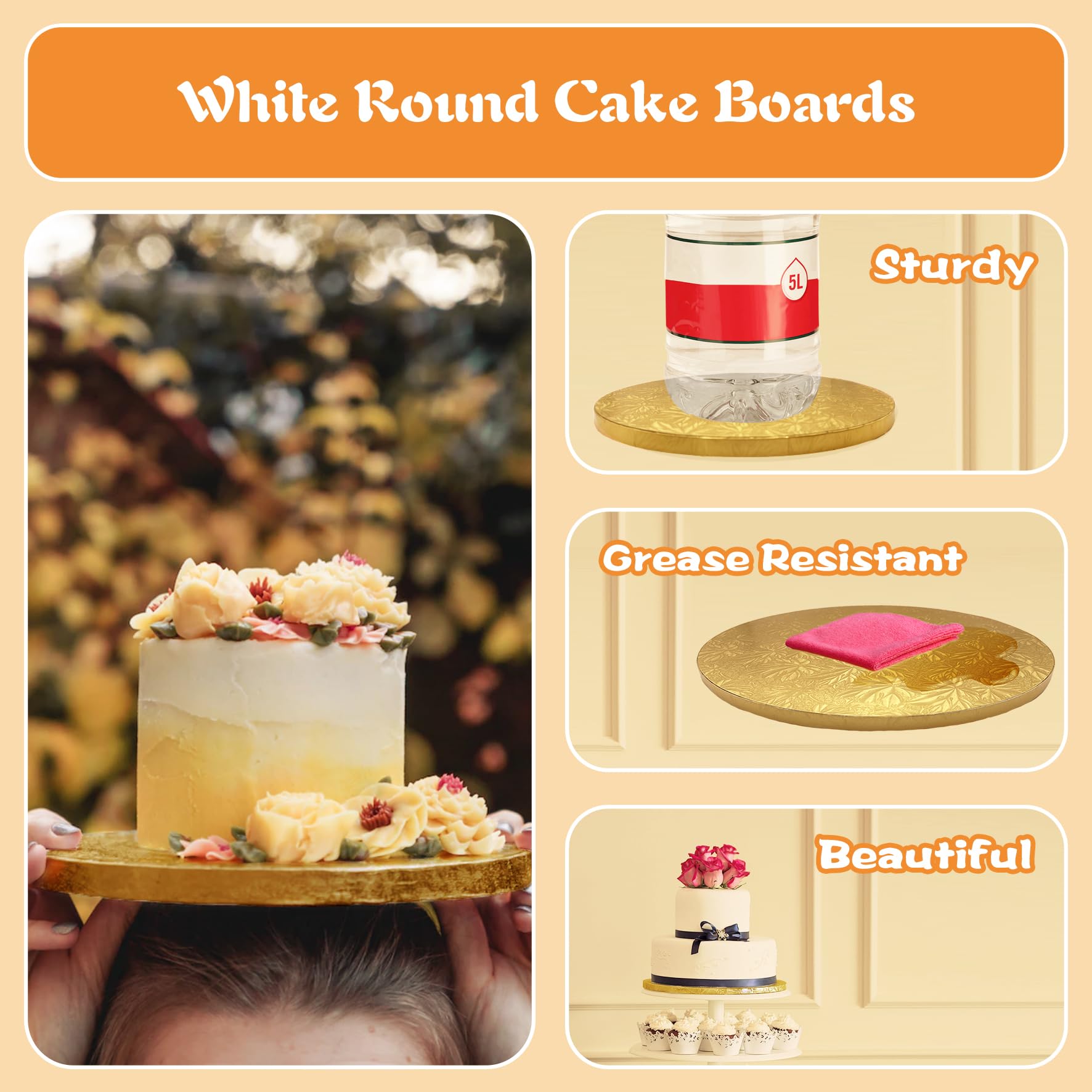 12 Inch Round Gold Cake Boards (4-Pack) - 1/2 Inch Thick Sturdy & Greaseproof Cake Drums with Banner Topper for Birthday, Wedding & Multi-Tiered Cakes - Perfect for Professional Baking and Cake Decorating by GoldenBakeryFamily