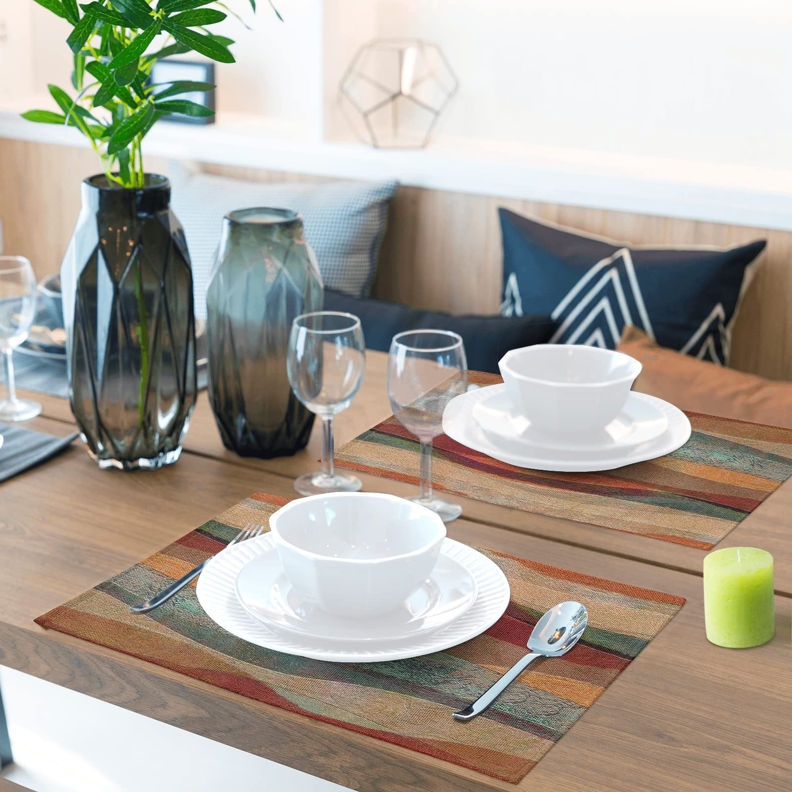 6-Piece Southwest Arizona Travertine Sandstone Placemats Set - Non-Slip, Heat Resistant, Washable Linen Table Mats with Turquoise Stripes for Farmhouse Kitchen Decor | Perfect for Holiday Parties, Dining Tables & Home Entertaining