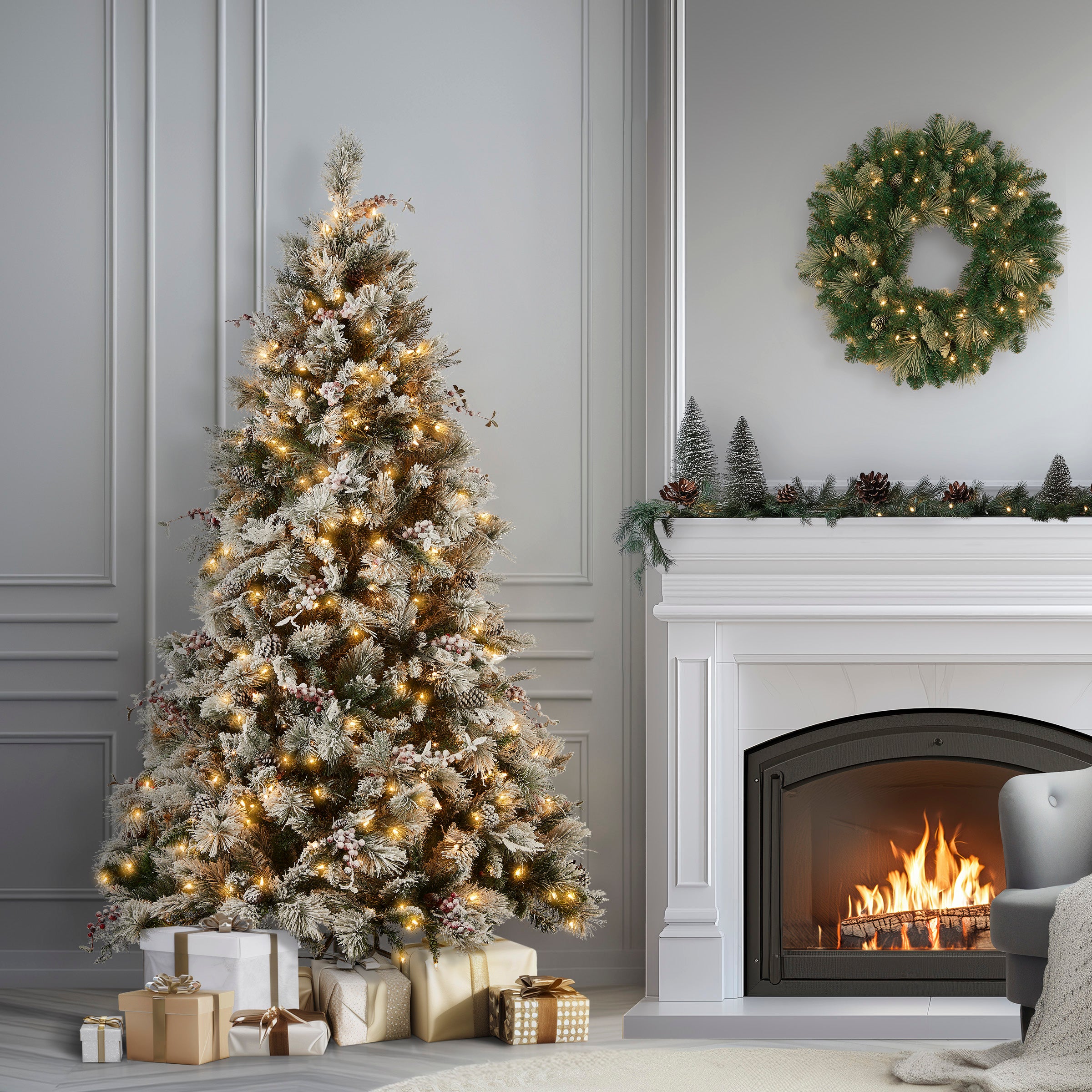 7.5 ft Pre-Lit Artificial Christmas Tree with Clear Lights - Snowy Bedford Pine for Holiday Decor, Home, Office & Party Decorations