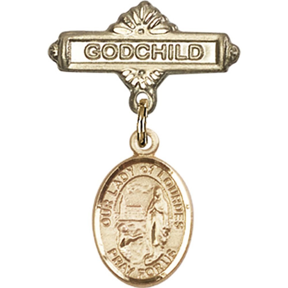 Gold Filled Baby Badge Pin with Our Lady of Lourdes Charm - 1 X 5/8 Inch Religious Jewelry for Christening, Baptism & Godchild Gifts - Perfect for First Communion & Special Occasions